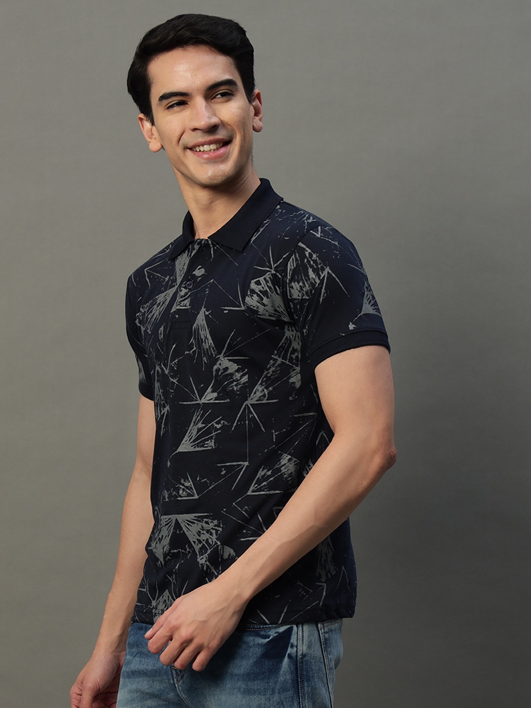 

SIMPLE SOLUTION Men Graphic Printed Polo Collar Cotton T-shirt, Navy blue