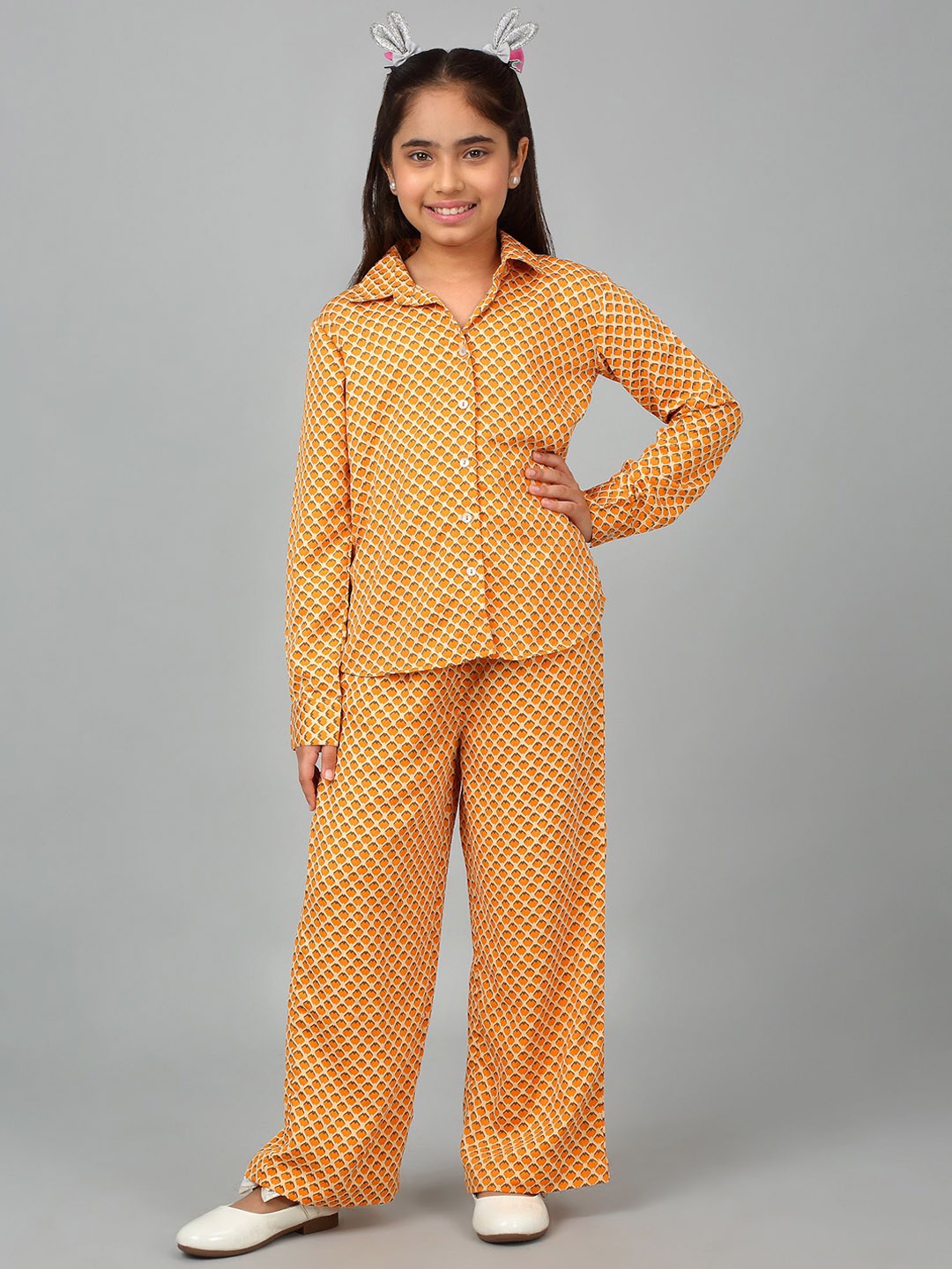 

Cantabil Girls Printed Shirt Collar Shirt With Trousers, Orange