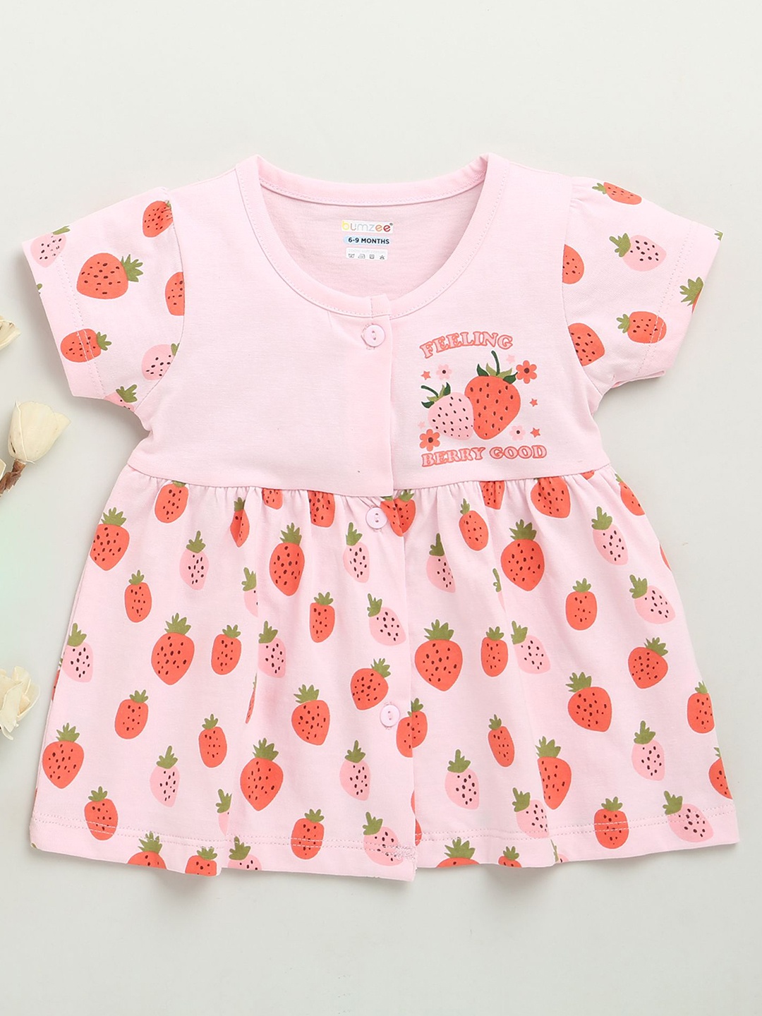 

BUMZEE Girls Printed Cotton A-Line Round Neck Dress, Pink
