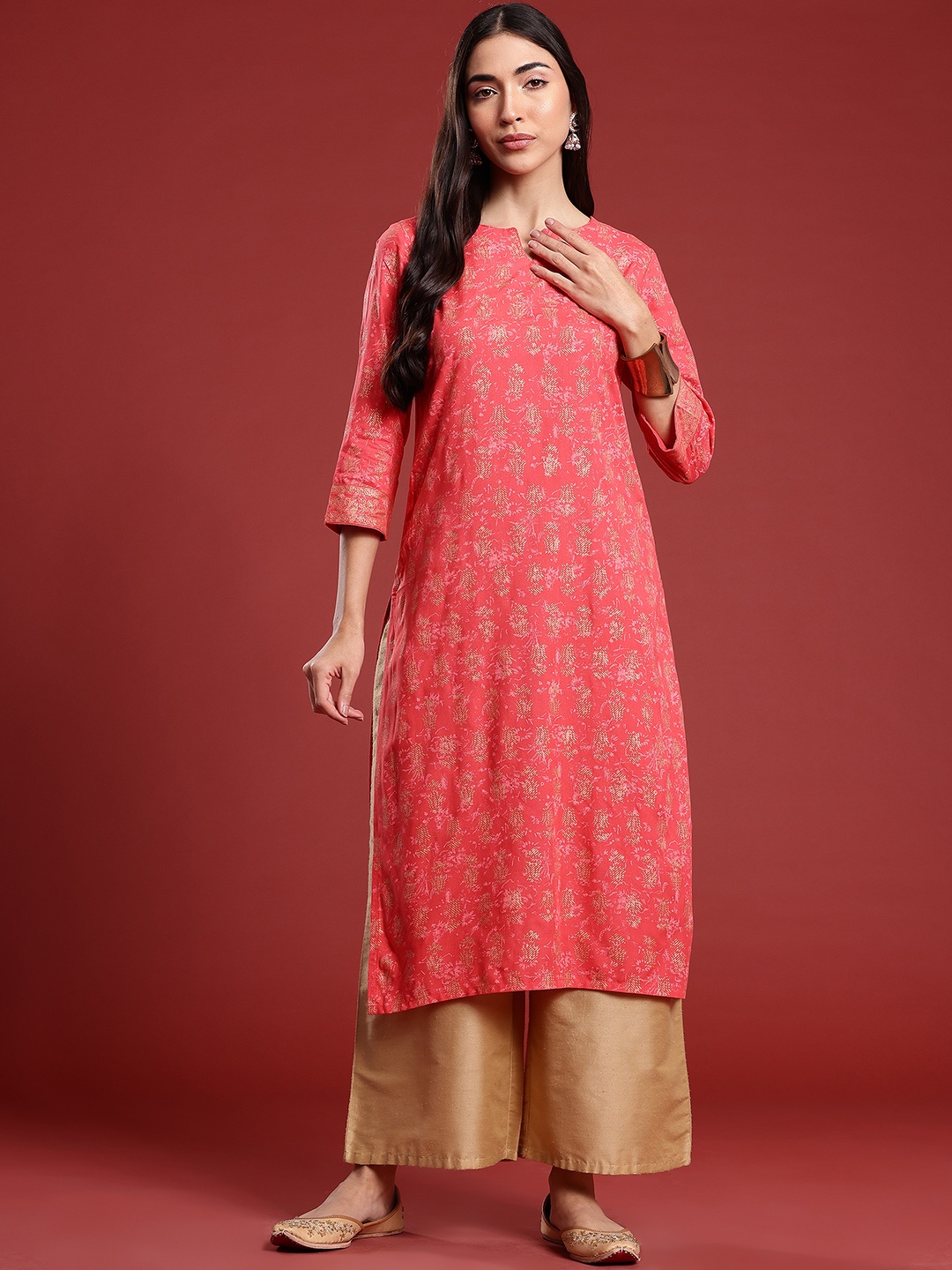 

Anouk Ethnic Motifs Print Pure Cotton Straight Kurta, Coral