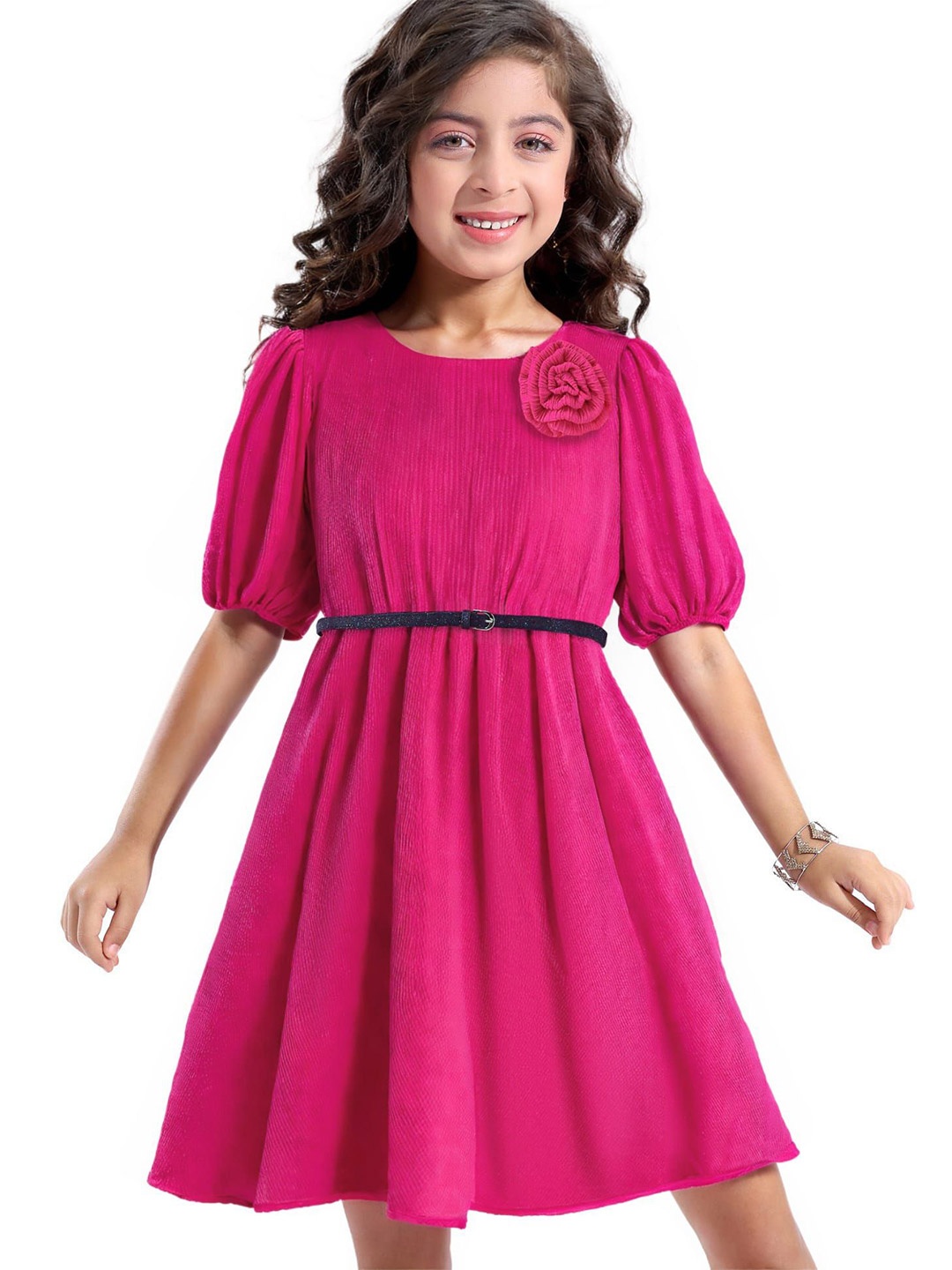 

Hola Bonita Puff Sleeve Fit & Flare Dress, Fuchsia