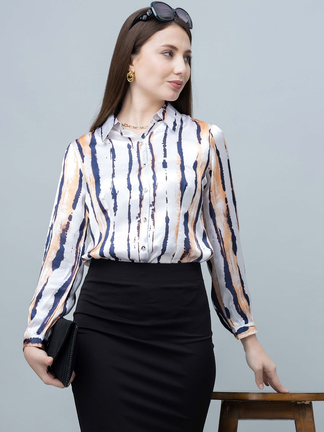 

PURYS WORKSPACE Women Classic Fit Wrinkle Free Vertical Striped Satin Party Shirt, White