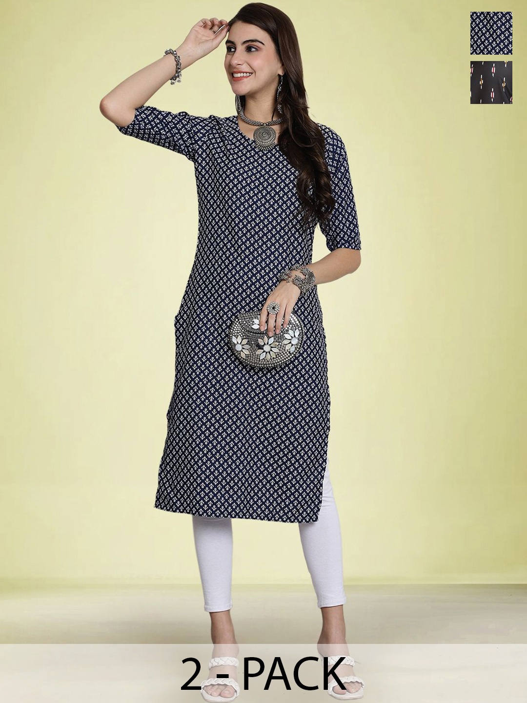

Moda Rapido Set of 2 Printed Round Neck Straight Kurtas, Blue