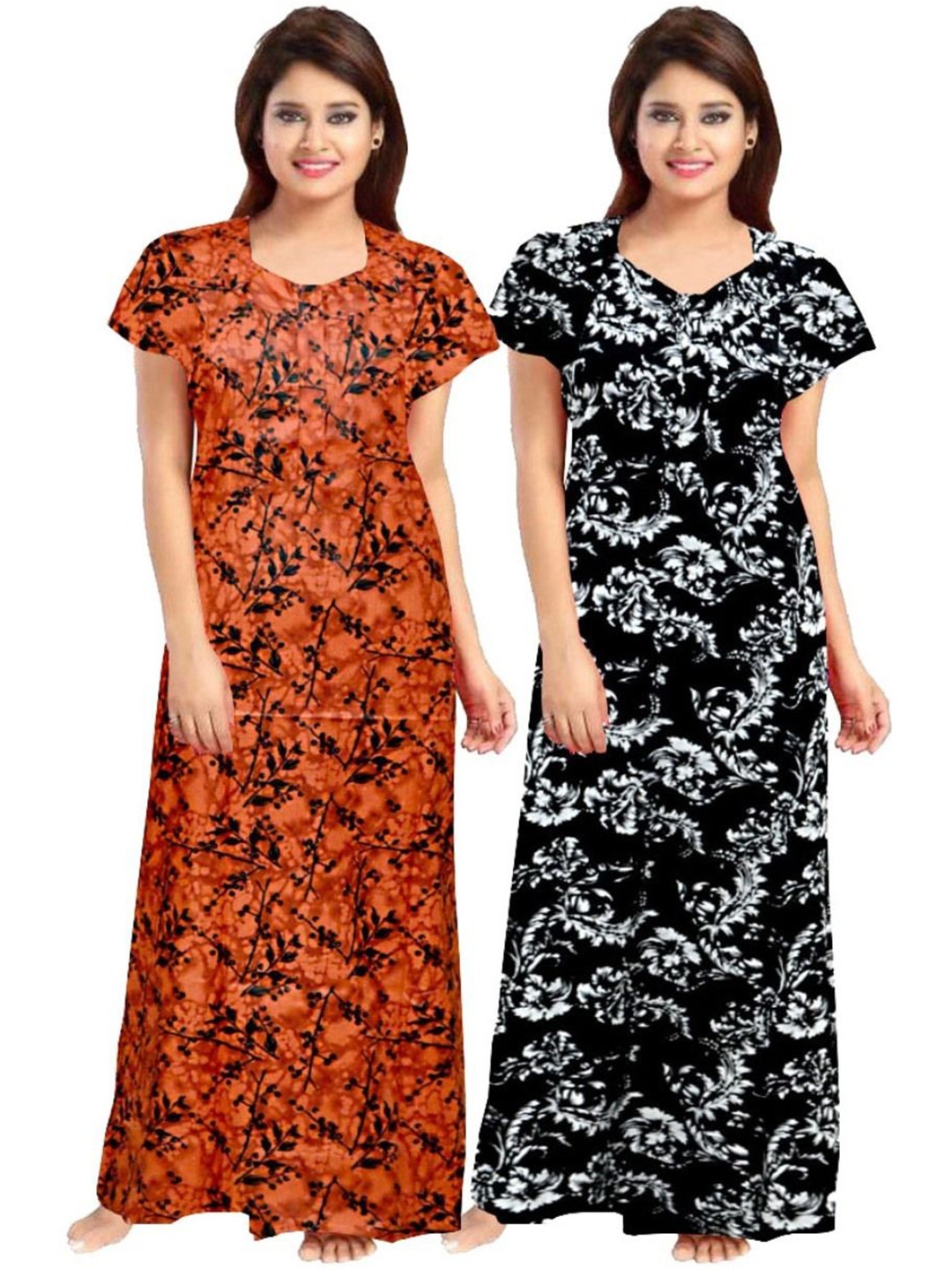 

PR PINK ROYAL Women Pack Of 2 Printed Pure Cotton Maxi Nightdress, Orange
