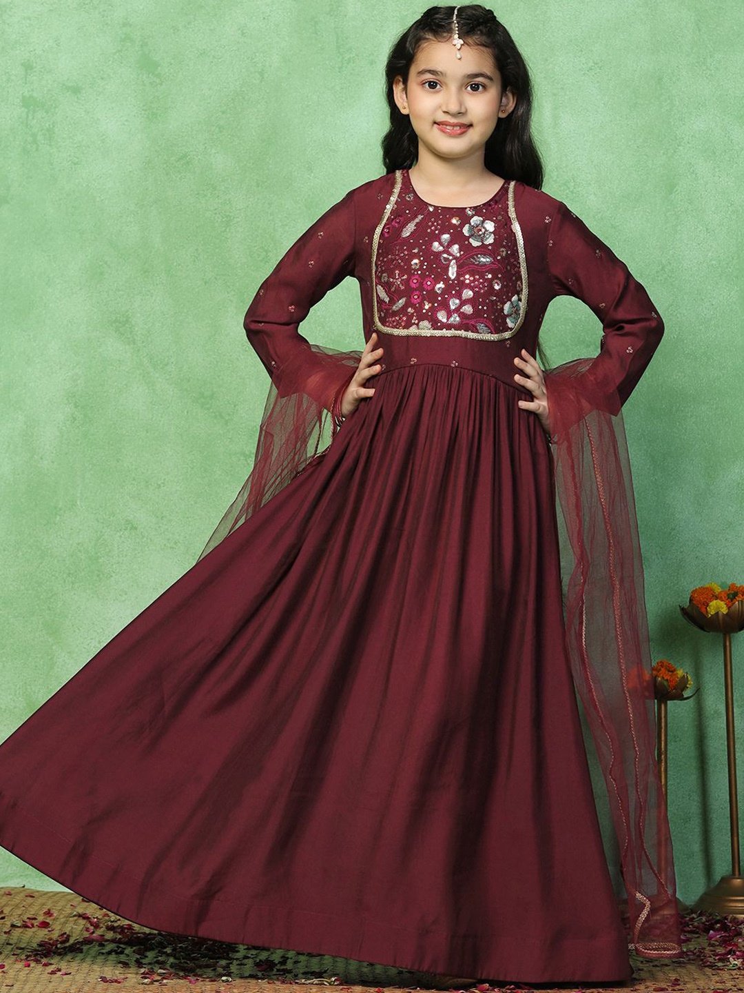 

FASHION DREAM Embroidered Maxi Length Dress With Dupatta, Maroon