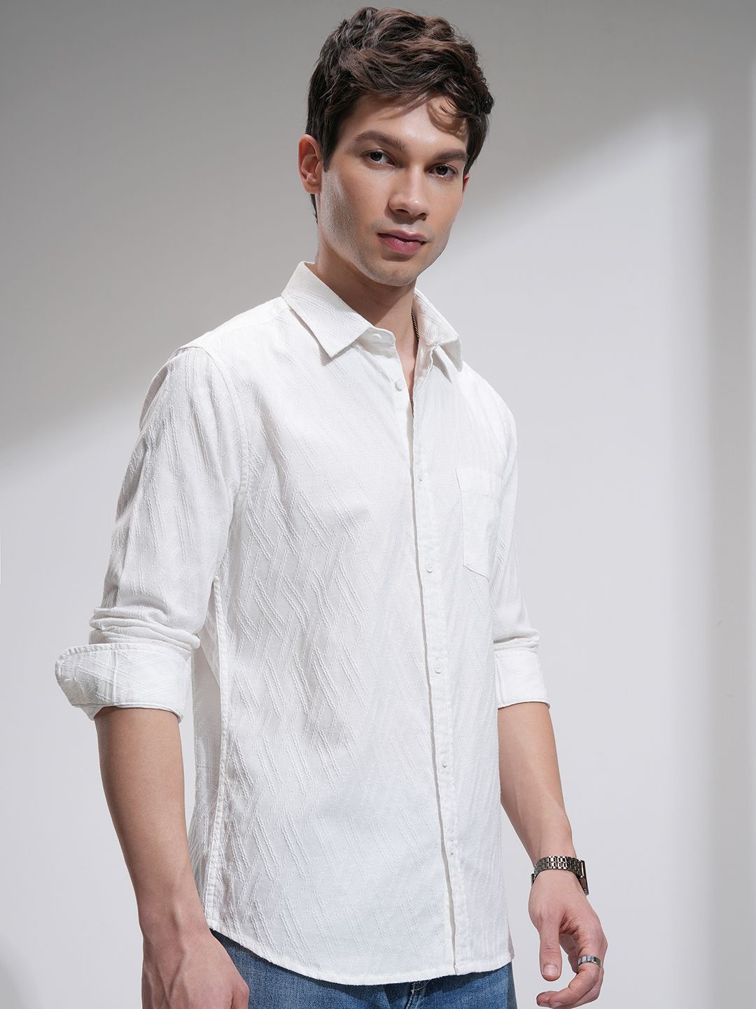 

HIGHLANDER Men Textured Embroide Casual Shirt, White