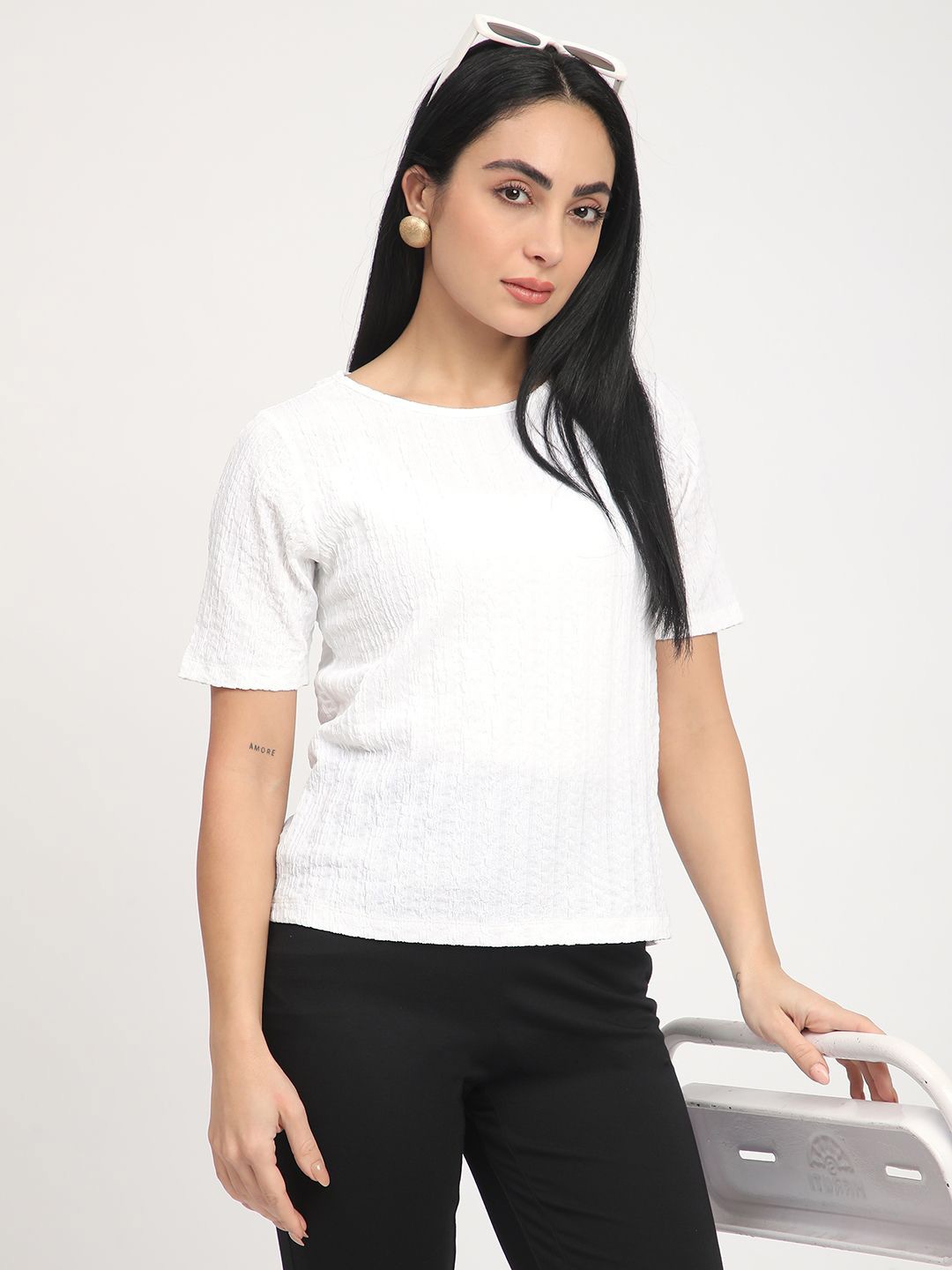 

R&B Self Design Textured Top, White