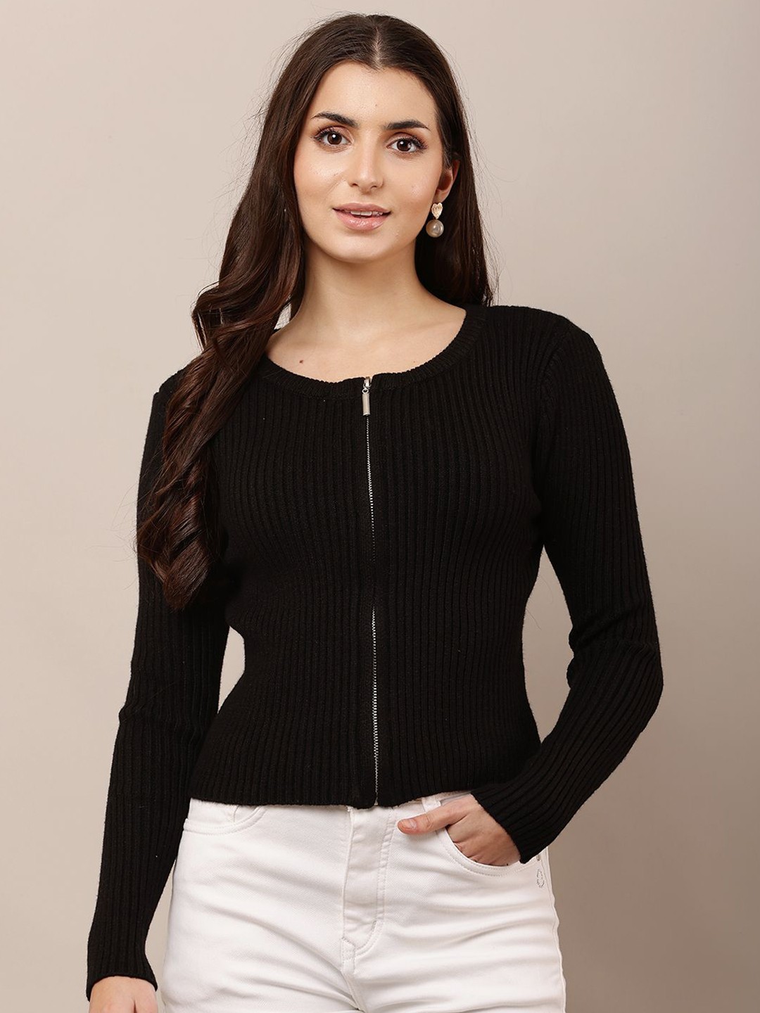 

NoBarr Women Striped Ribbed Cardigan, Black