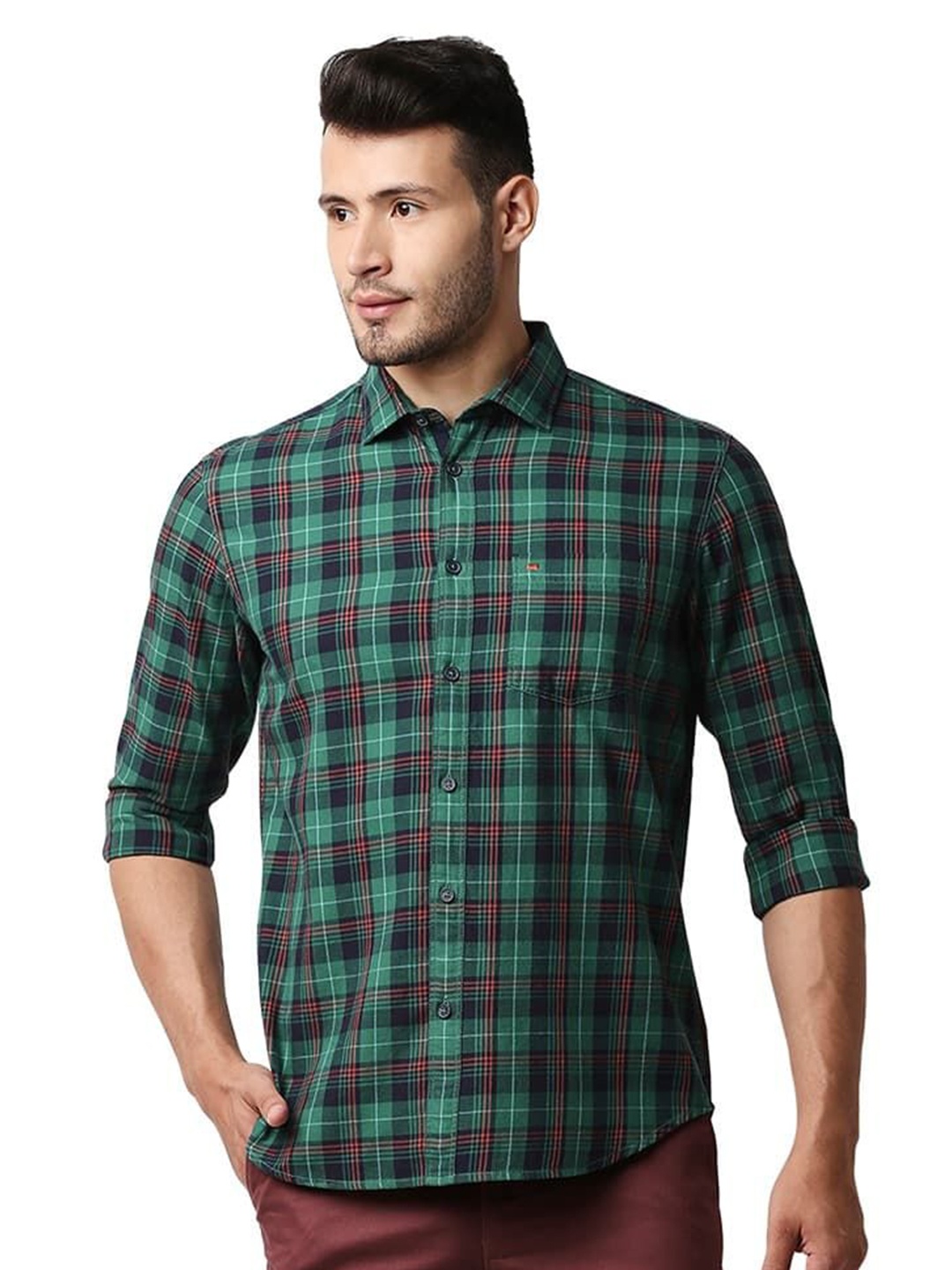 

Basics Men Relaxed Fit Spread Collar Tartan Checked Cotton Casual Shirt, Green