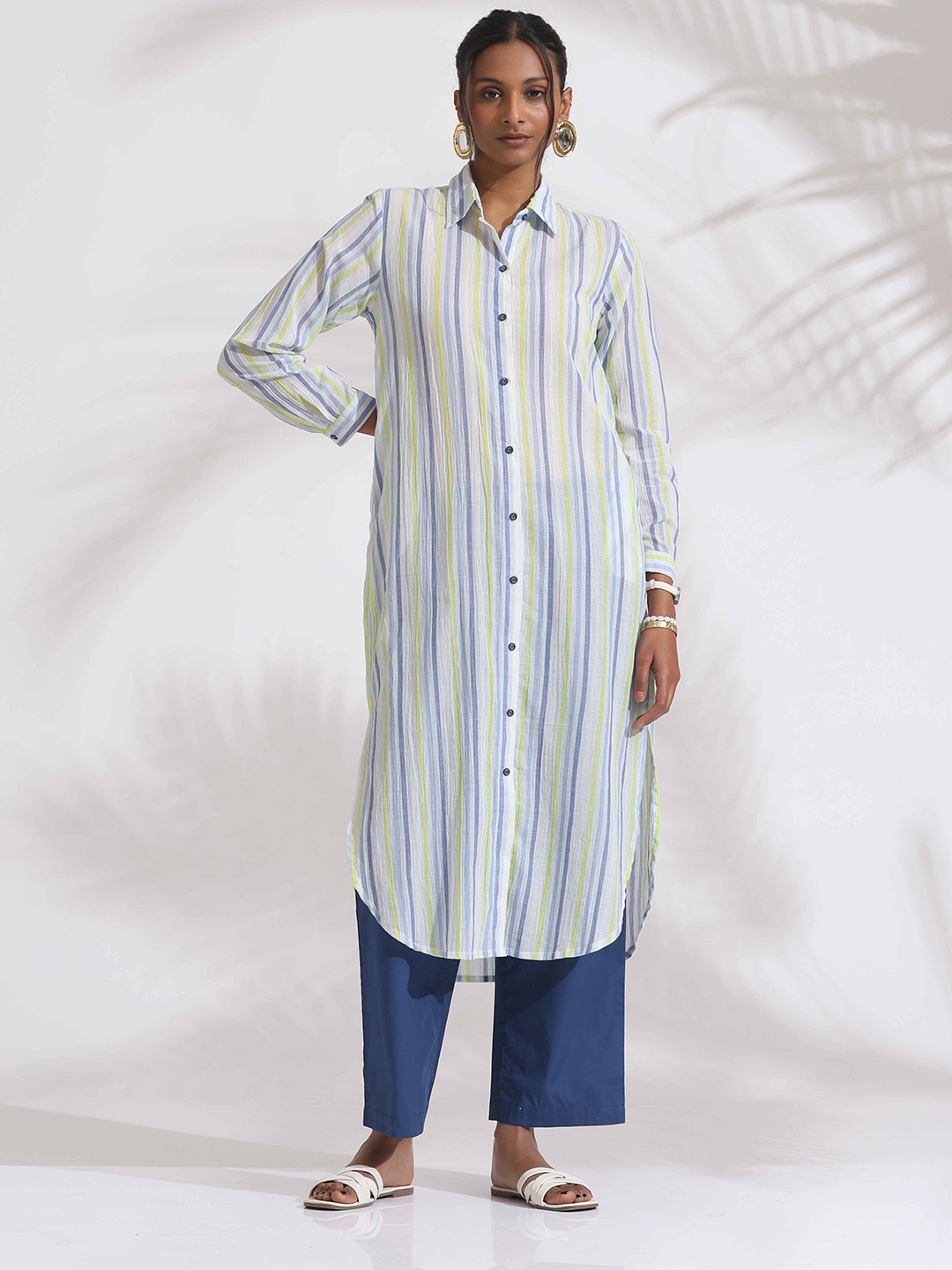 

trueBrowns Striped Pure Cotton Straigt Kurta with Trousers, White