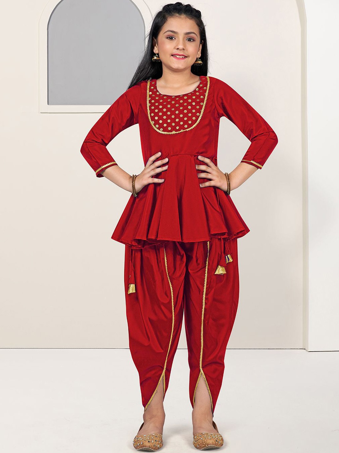 

Sangria Girls Red Foil Yoke Design Peplum Anarkali Kurta With Dhoti Pant