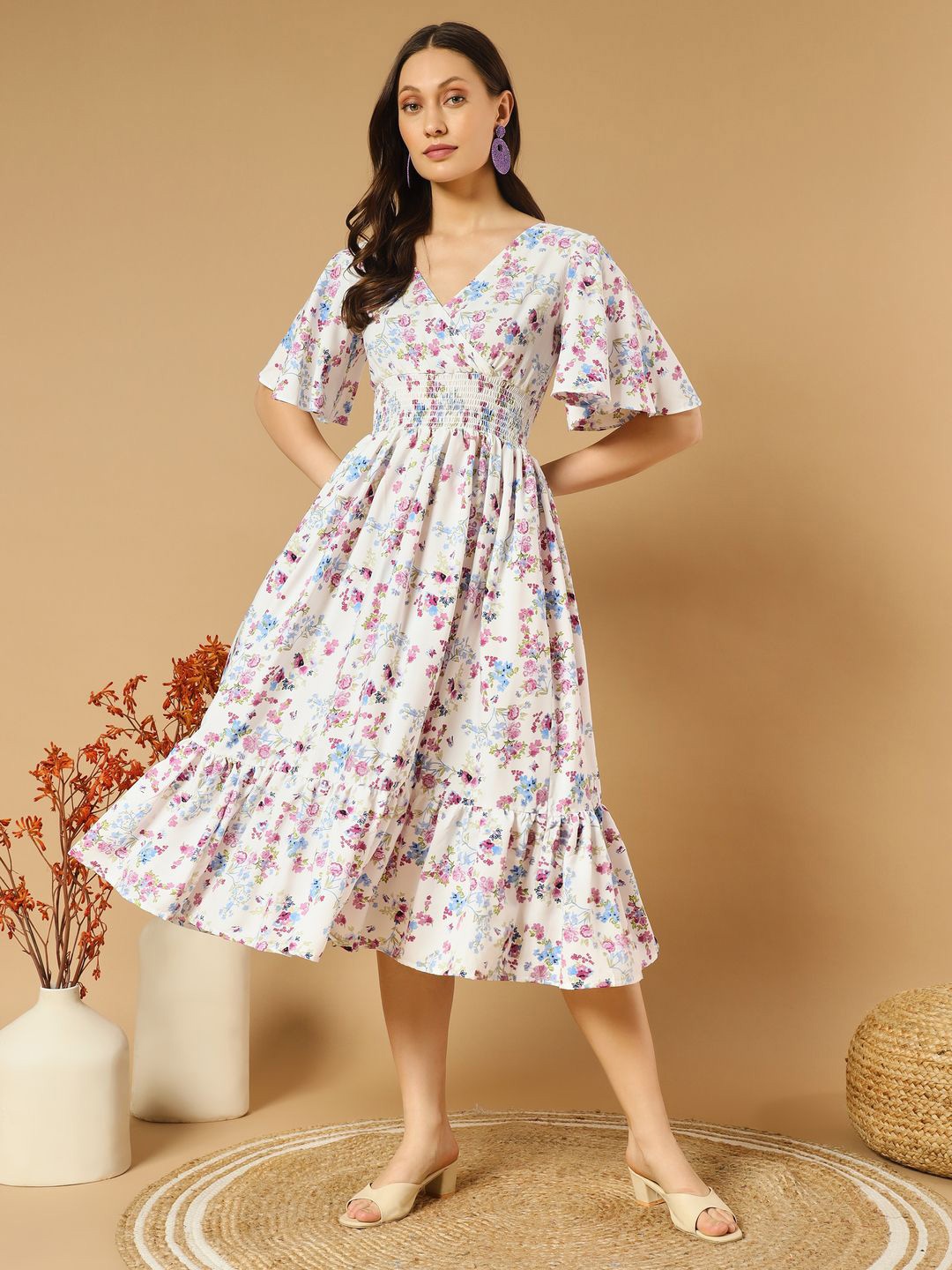 

ZWERLON Floral Printed Flared Sleeve Fit & Flare Midi Dress, Purple