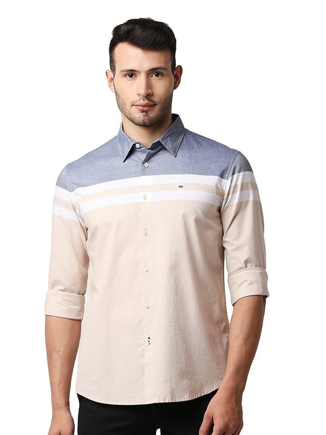 

Basics Men Relaxed Fit Spread Collar Horizontal Striped Cotton Casual Shirt, Beige