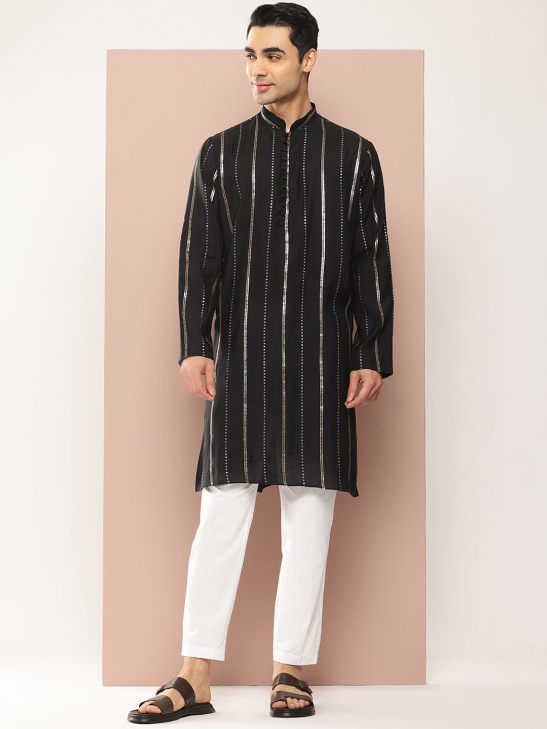 

See Designs Mandarin Collar Striped Embroidered Sequinned Chanderi Silk Straight Kurta, Black