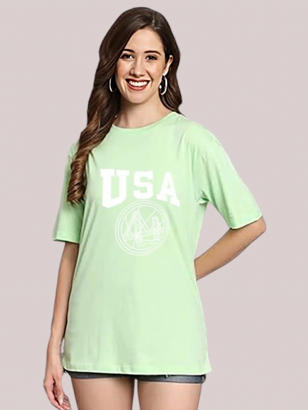 

My Swag Women Typography Printed Round Neck Cotton Oversized T-shirt, Green