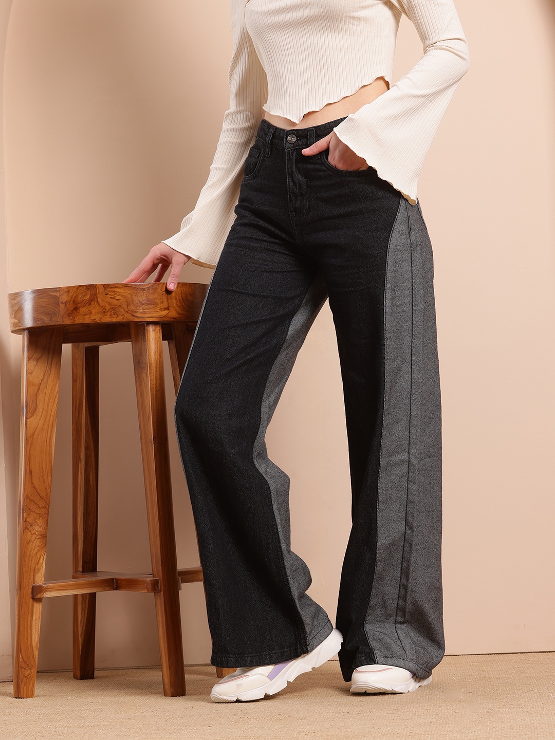 

Mast & Harbour Women Wide Leg Pure Cotton Colourblocked Jeans, Black