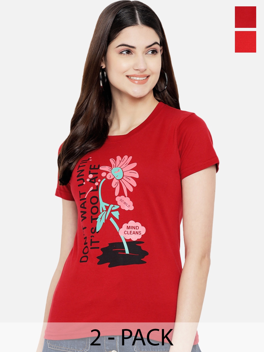 

Dreambe Women Pack Of 2 Graphic Printed Round Neck Cotton T-shirts, Red