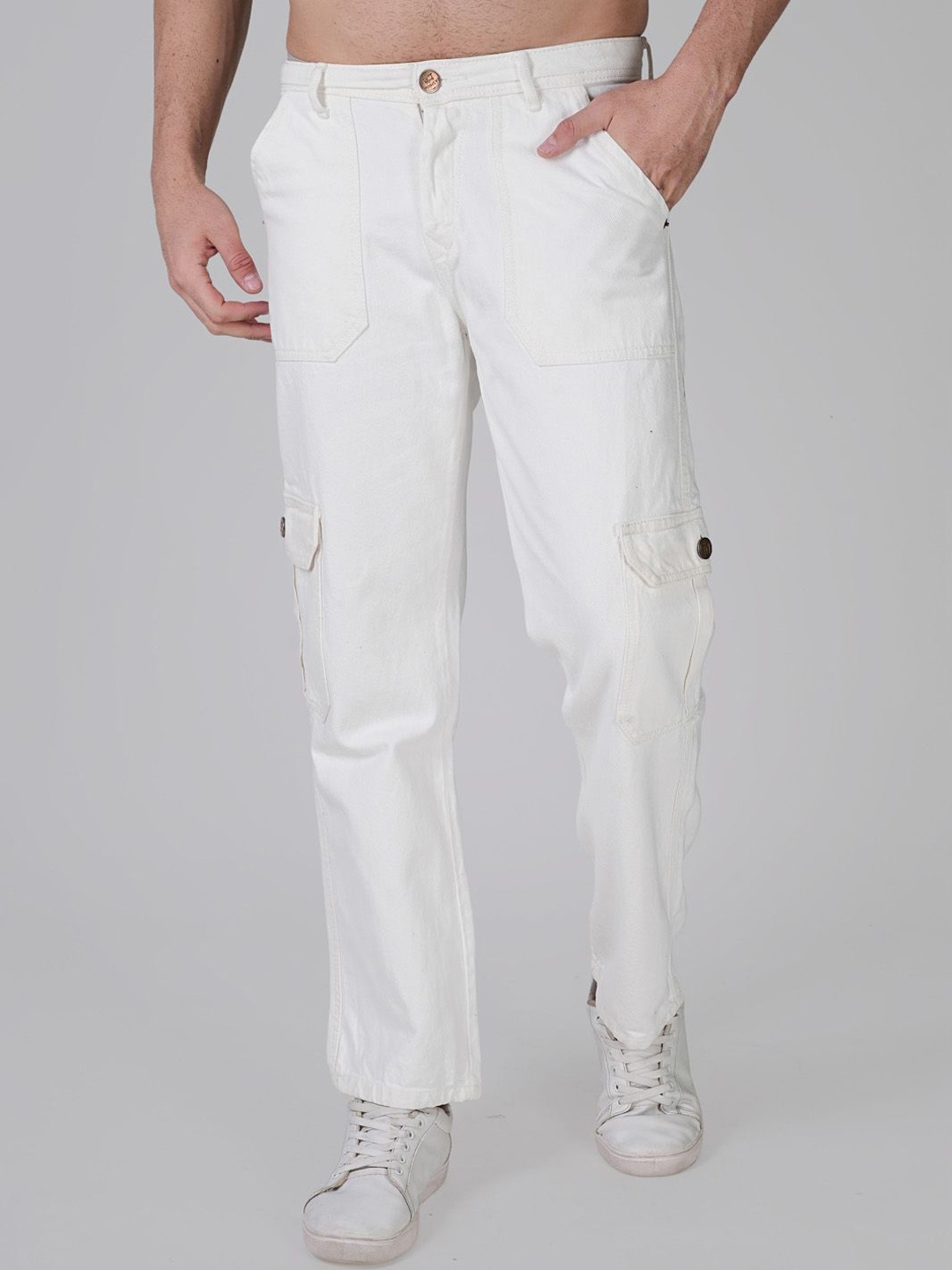 

MM-21 Men Loose Straight Fit Stretchable Cargo Styles Jeans, White