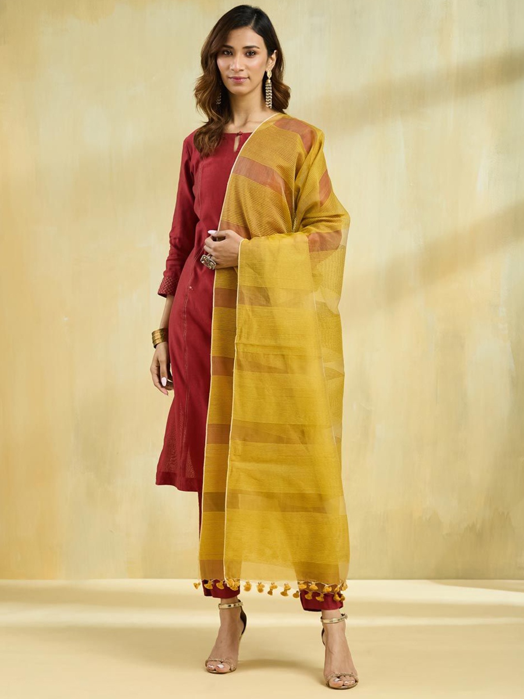 

Fabindia Striped Woven Design Silk Dupatta, Mustard