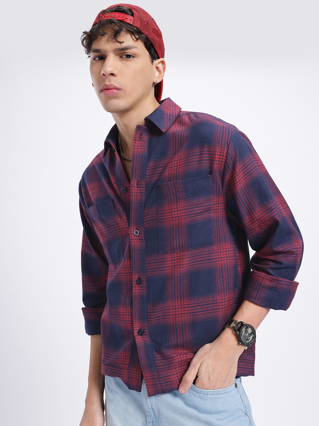 

glitchez Plaid Poshflow Checked Herringbone Weave Oversized Shirt, Red