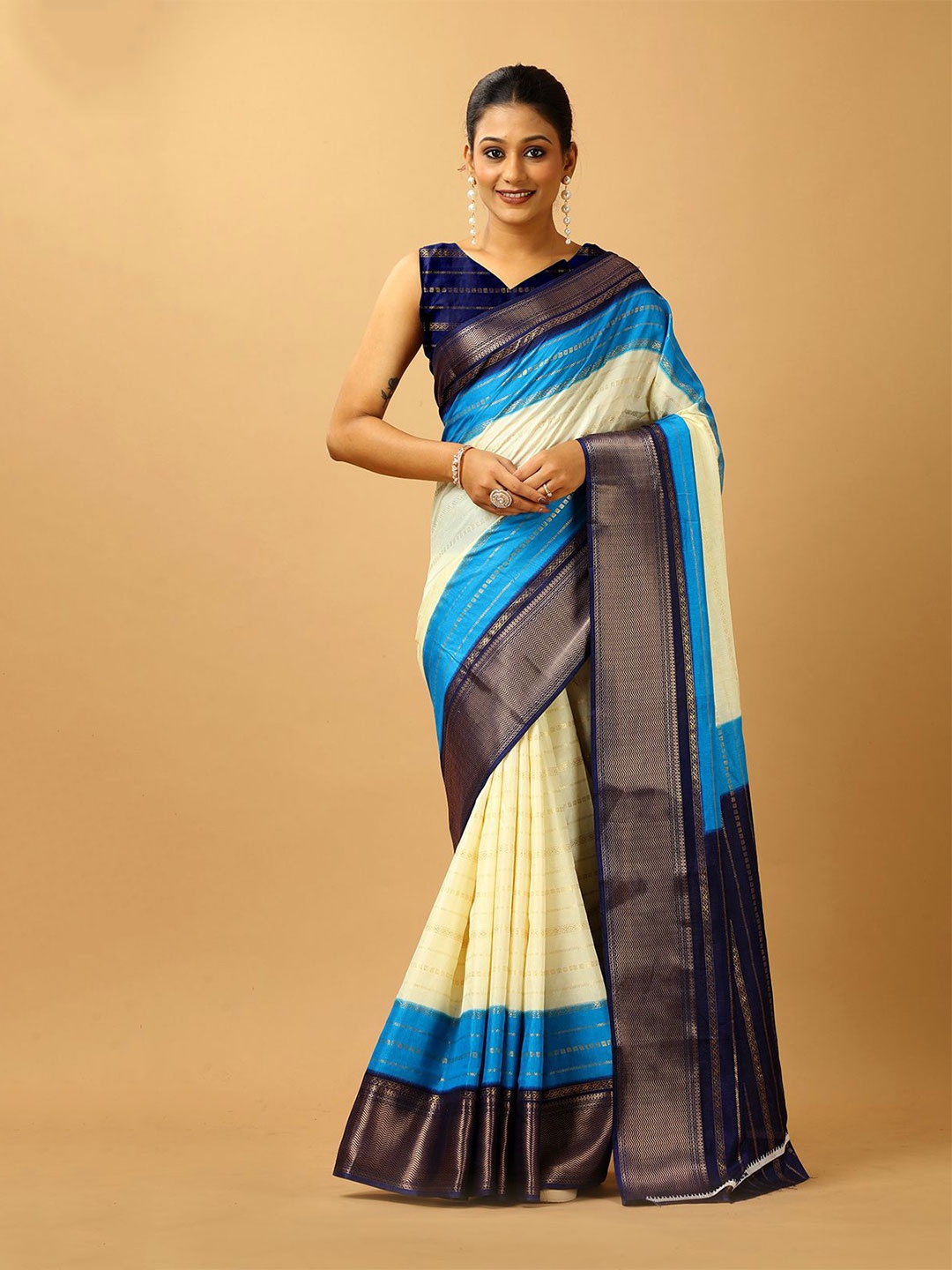

NIRMAL CREATION Striped Woven Design Zari Saree, Blue