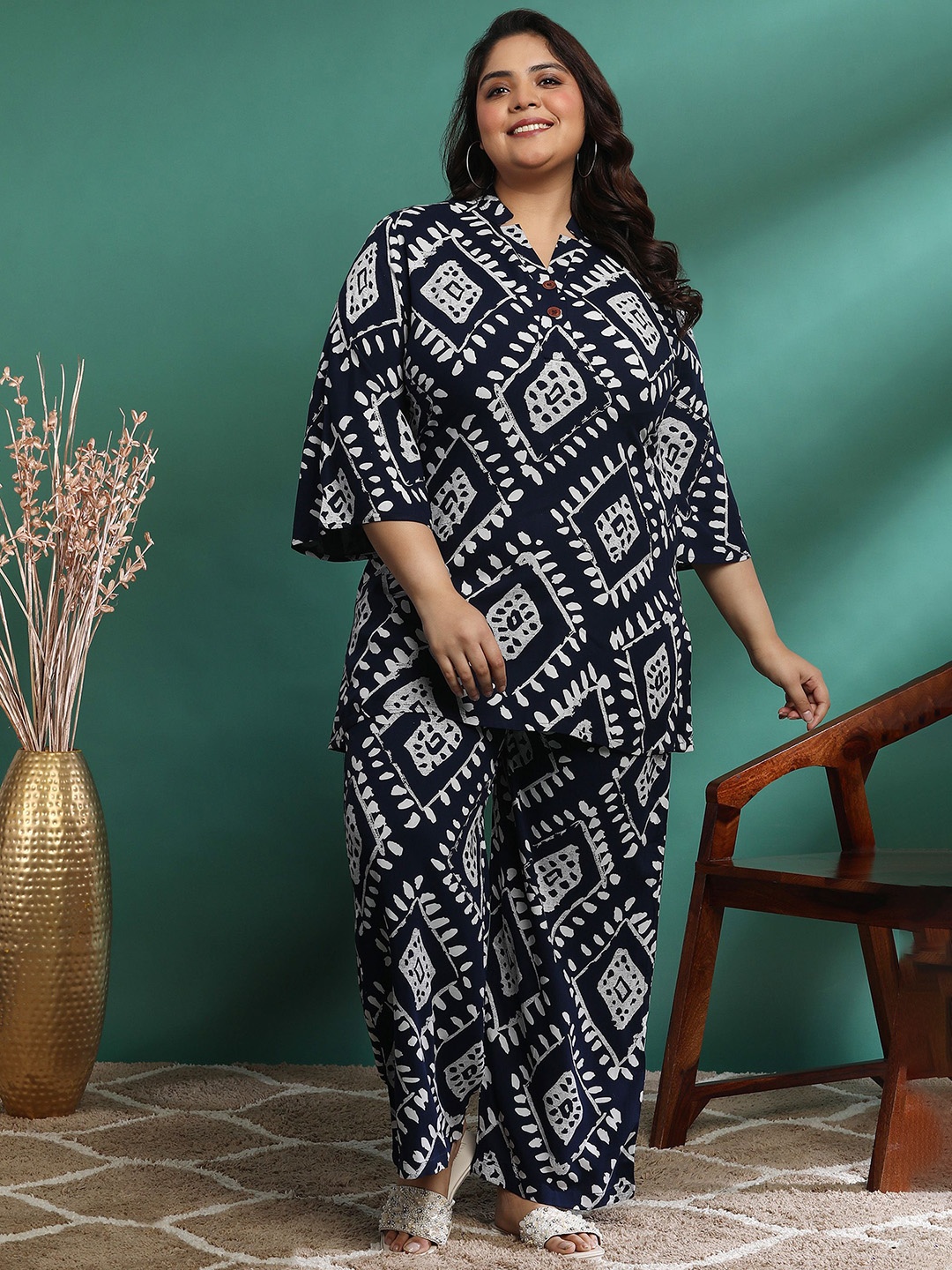 

KALINI Plus Size Geometric Printed V-Neck Pure Pure Cotton Top And Palazzo, Navy blue