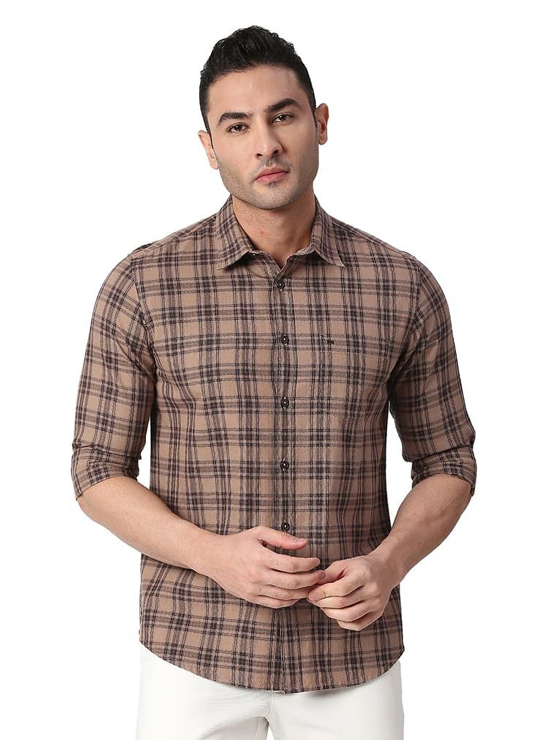

Basics Men Relaxed Fit Spread Collar Checked Cotton Casual Shirt, Brown