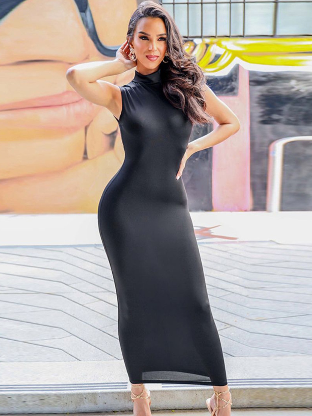

StyleCast Women High Neck Bodycon Maxi Dress, Black