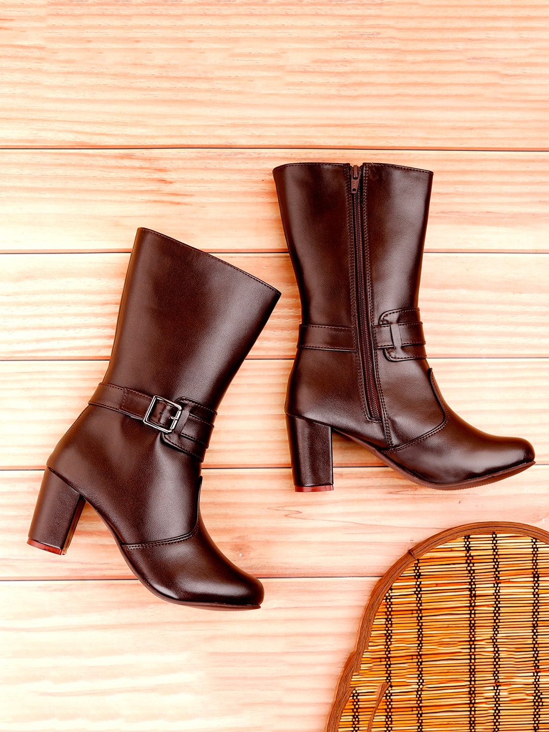 

Bxxy Women High-Ankle Zipper Boots with Buckle Closure, Brown