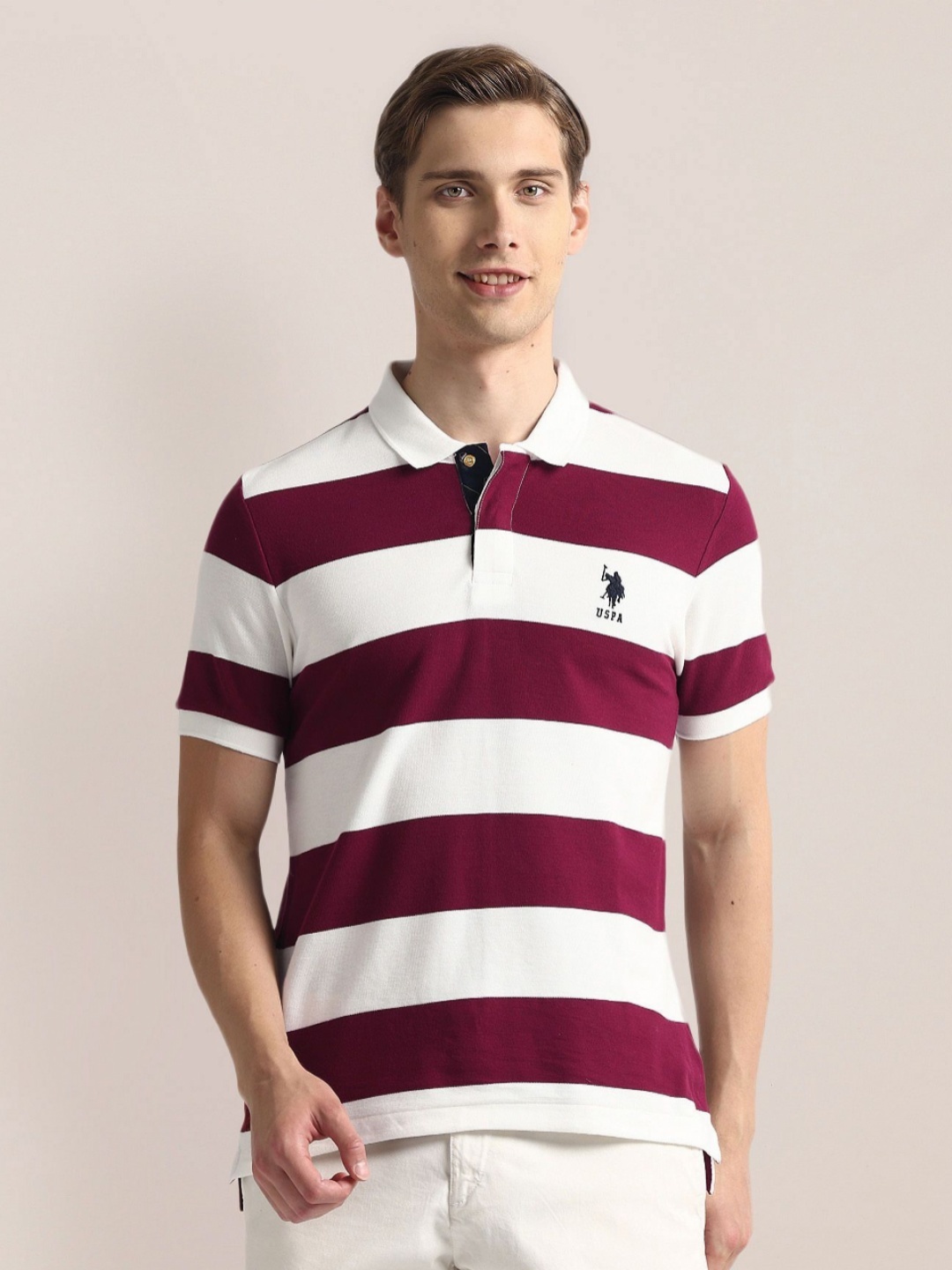 

U.S. Polo Assn. Men Striped Polo Collar Cotton Slim Fit T-shirt, Burgundy