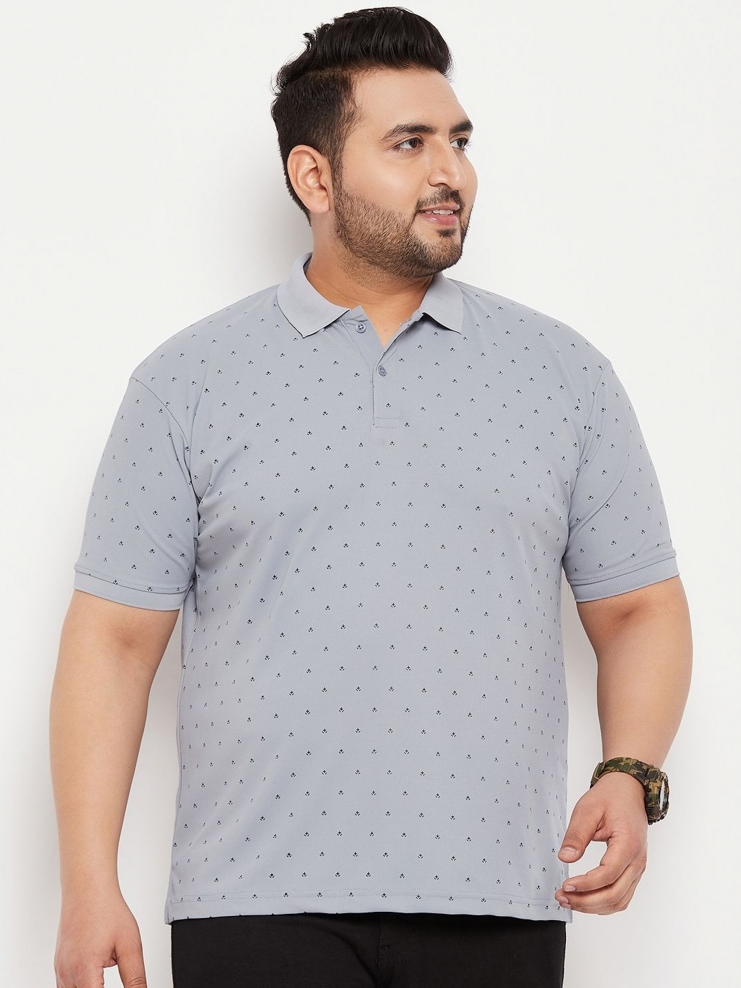 

NYKER Men Plus Size Geometric Printed Polo Collar Cotton T-shirt, Grey