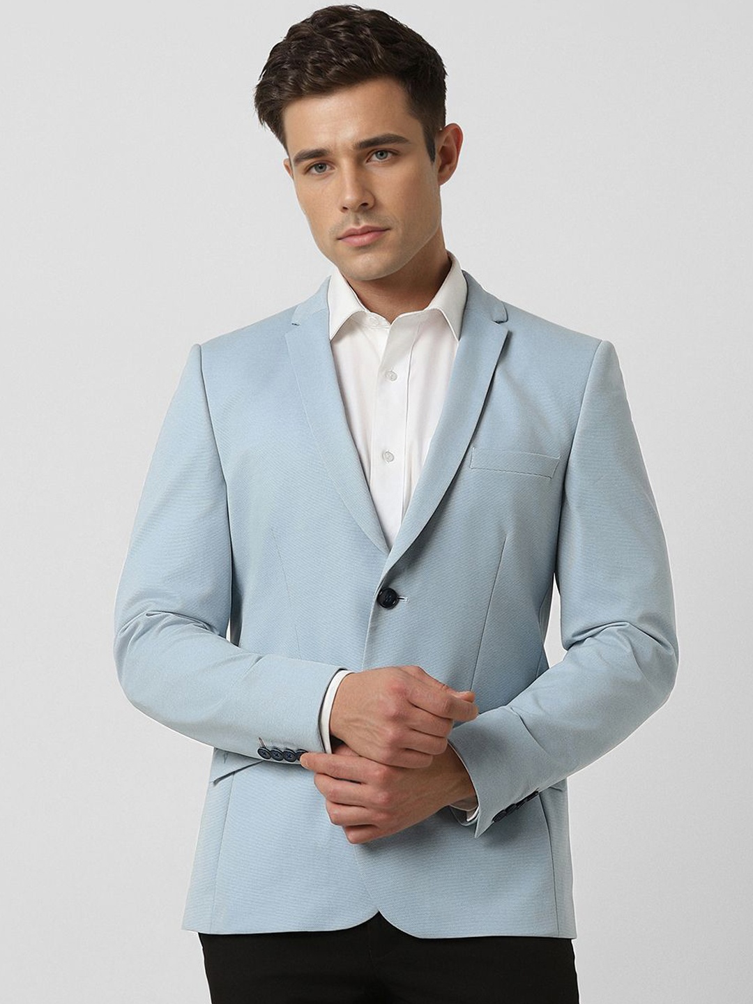 

V Dot Notched Lapel Collar Slim-Fit Single Breasted Blazer, Blue
