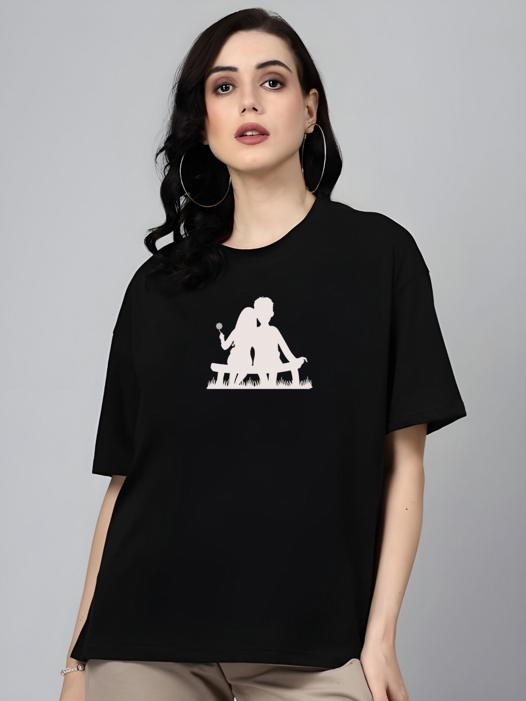 

DressBerry Women Graphic Printed Round Neck Cotton Oversized T-shirt, Black