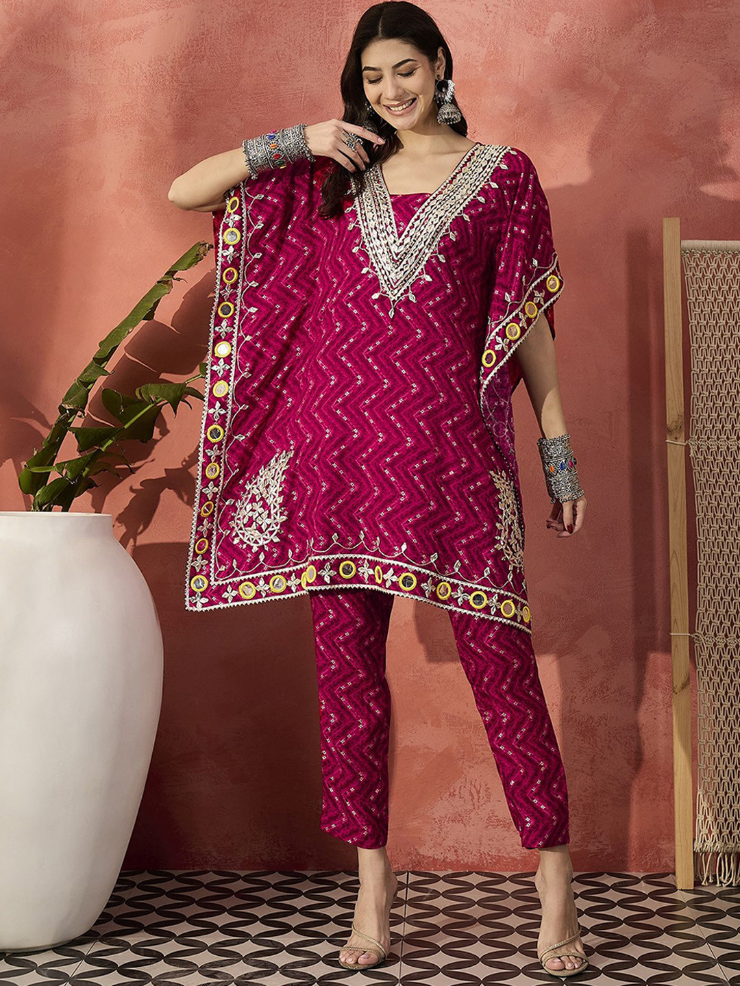 

Sangria Pink Geometric Printed V-Neck Kaftan Kurta With Trousers