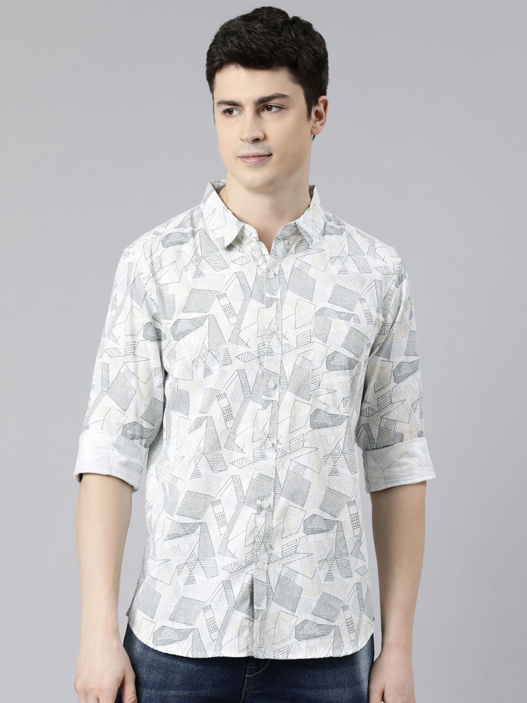 

Provogue Men Spread Collar Geometric Printed Cotton Casual Shirt, White