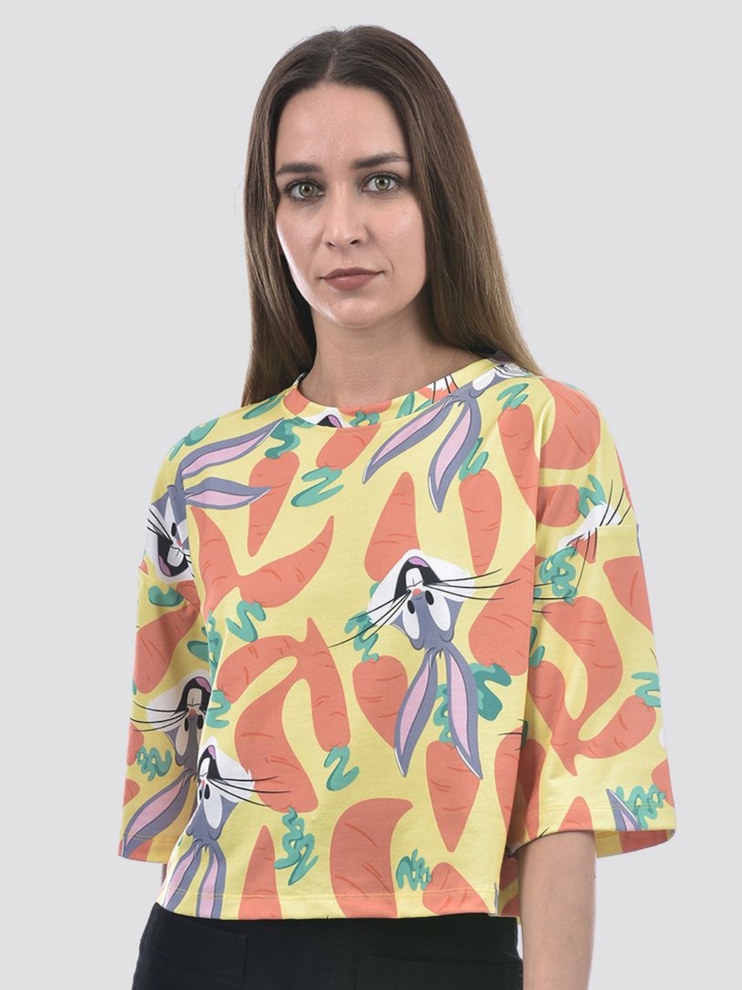 

ONLY Women Looney Tunes Conversational Printed Round Neck Cotton Oversized T-shirt, Yellow