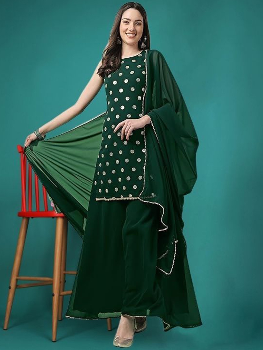 

PARROT CREATION Polka Dot Printed Gotta Patti Round Neck Kurti With Sharara & Dupatta, Green