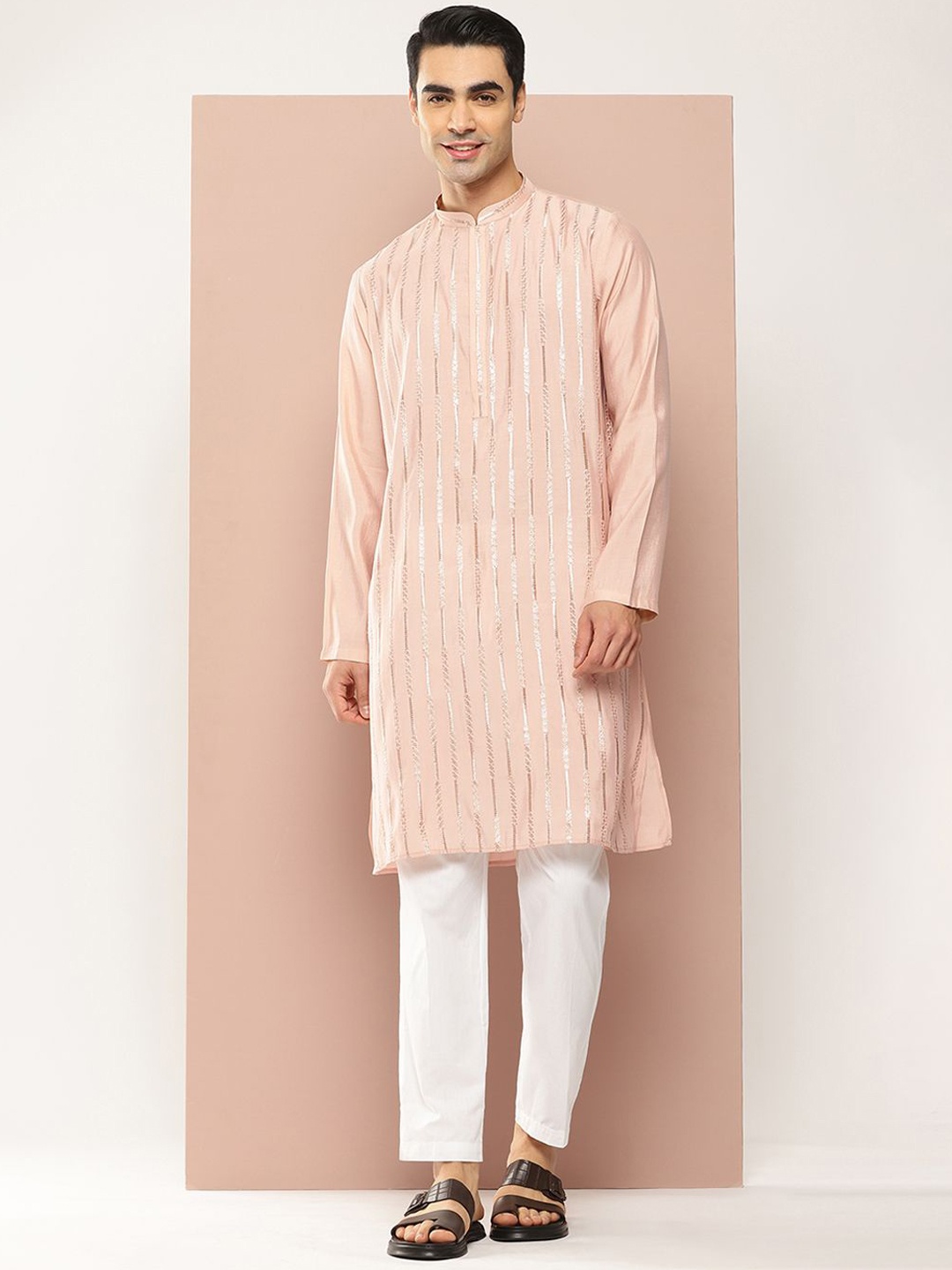 

See Designs Embroidered Mandarin Collar Sequinned Chanderi Silk Straight Kurta, Pink