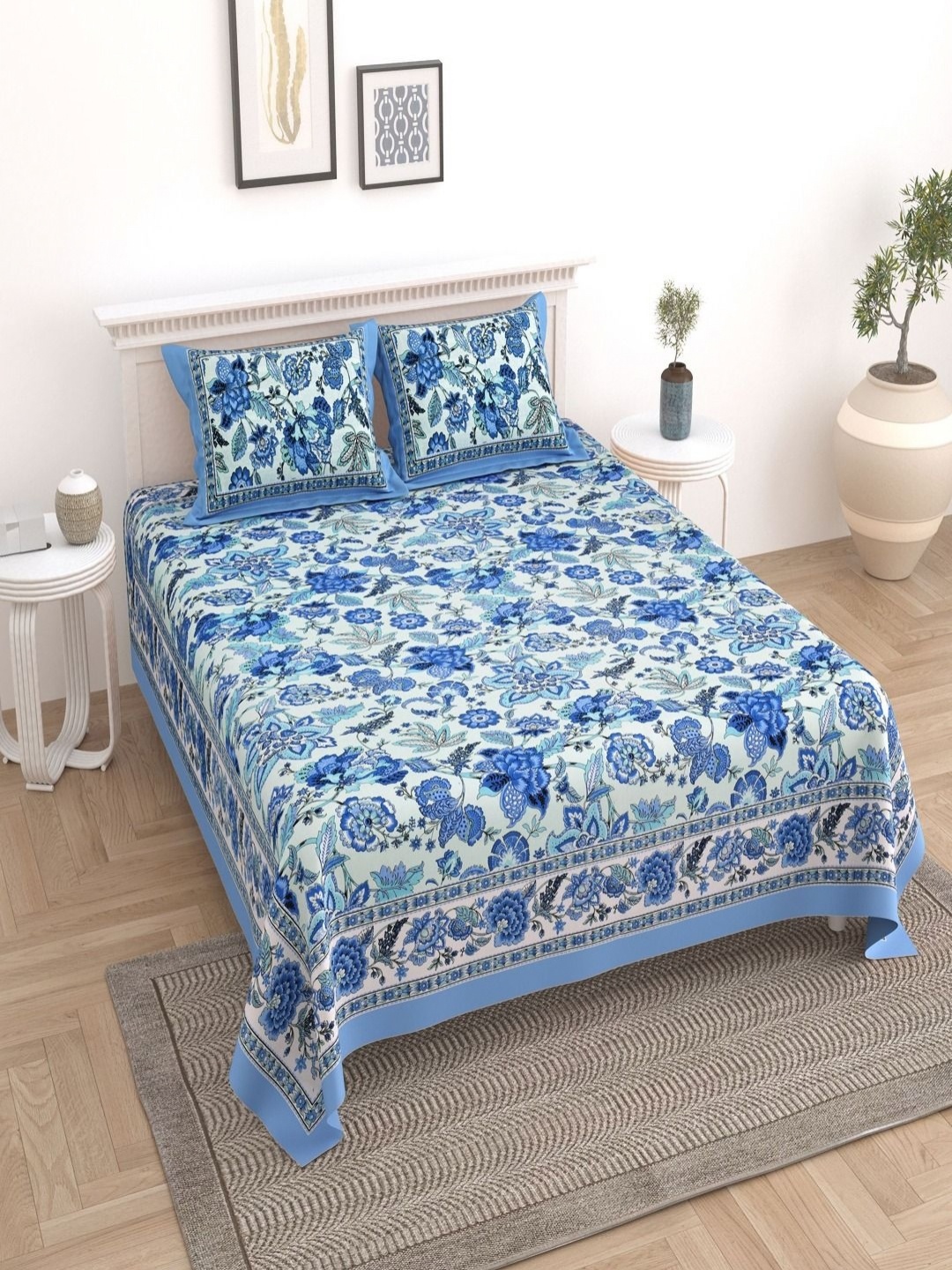 

Myntra Elegant Homes Blue Printed Cotton 180 TC King Bedsheet Set 2.74 m x 2.54 m