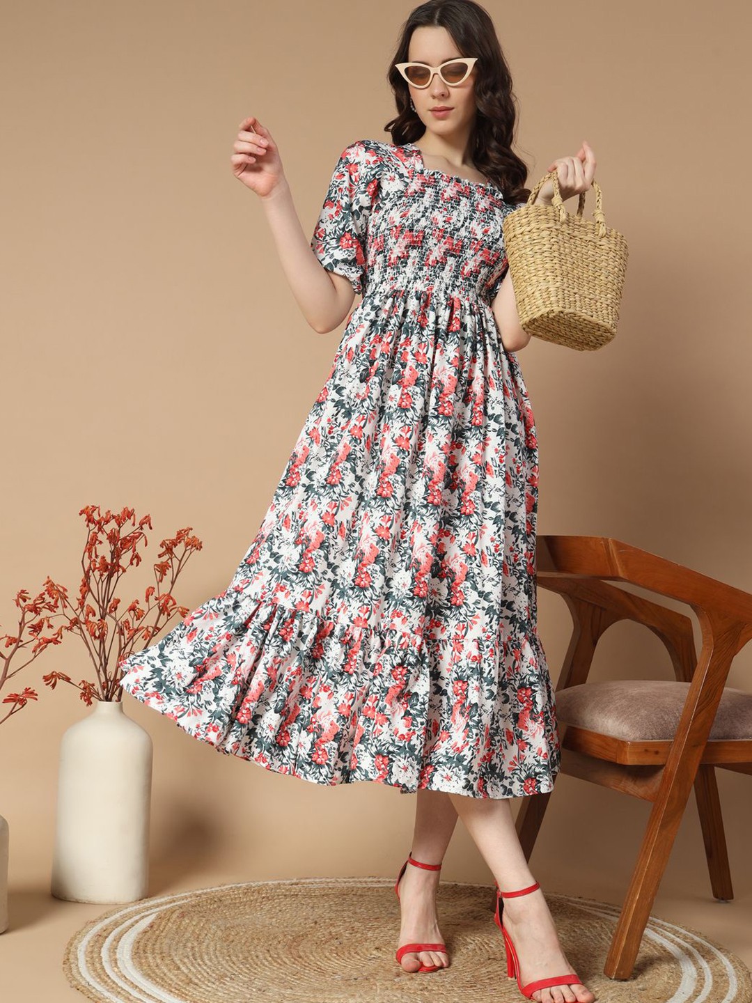 

ZWERLON Floral Print Puff Sleeve Formal A-Line Midi Dress, White