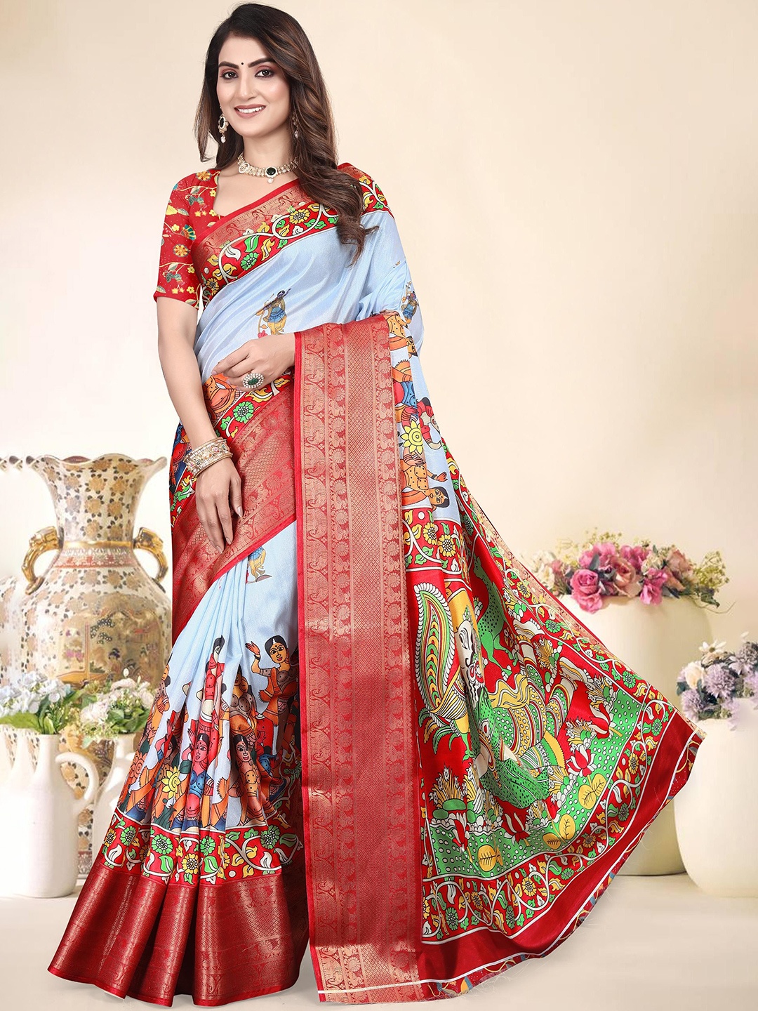 

MAGNEITTA Kalamkari Zari Silk Blend Saree, Turquoise blue