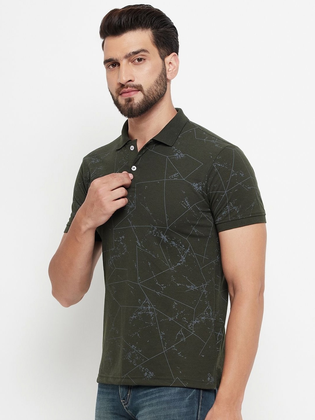 

RELANE Men Abstract Printed Polo Collar Cotton T-shirt, Olive