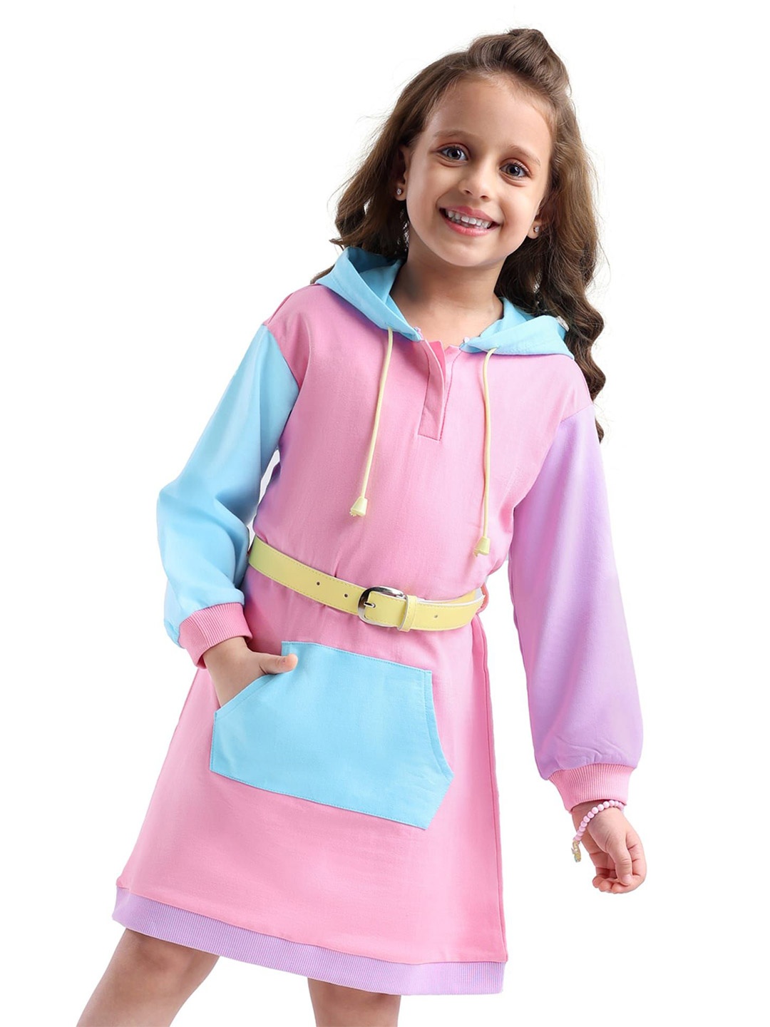 

Hola Bonita Girls Colourblocked Hooded A-line Dress, Pink