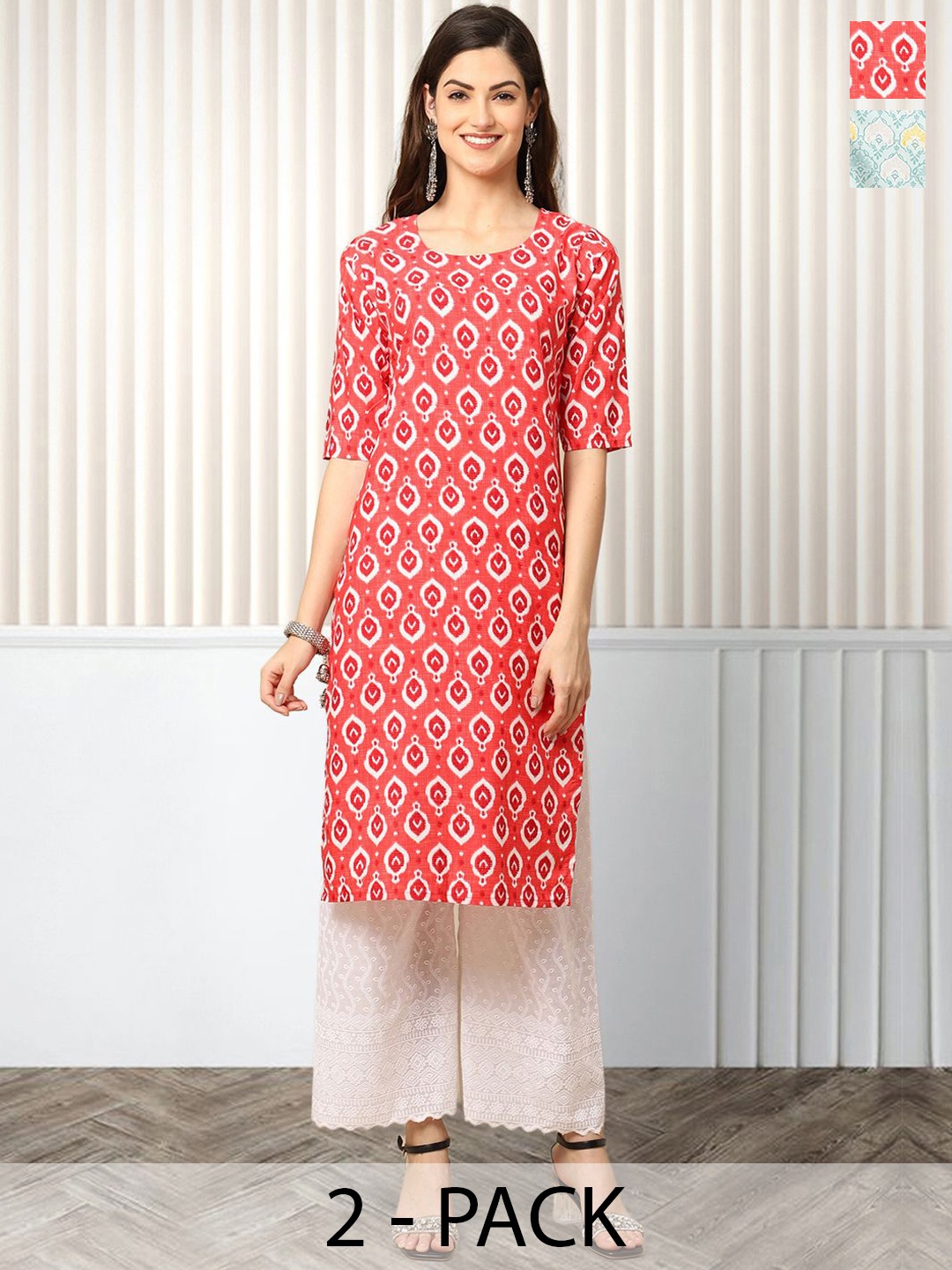 

Moda Rapido Pack of 2 Printed Round Neck Straight Kurtas, Red