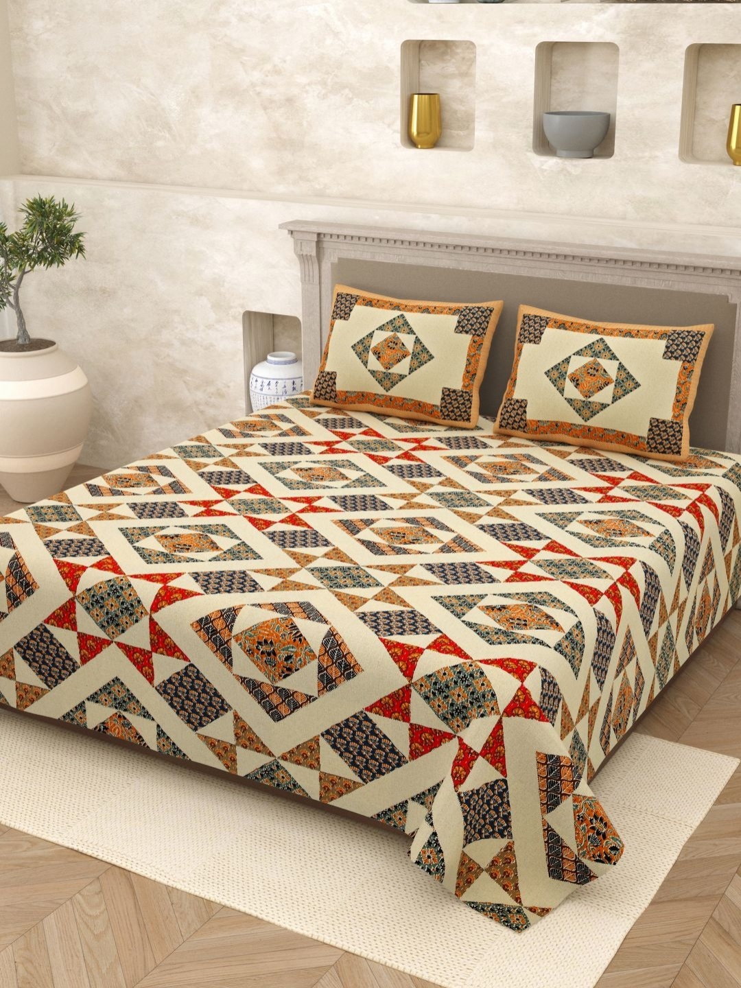 

Myntra Elegant Homes Beige Printed Pure Cotton 210 TC Queen Bedsheet Set 2.70m x 2.50m