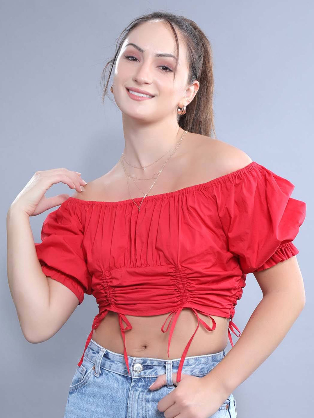 

French Theory Off-Shoulder Puff Sleeve Cotton Crop Top, Red