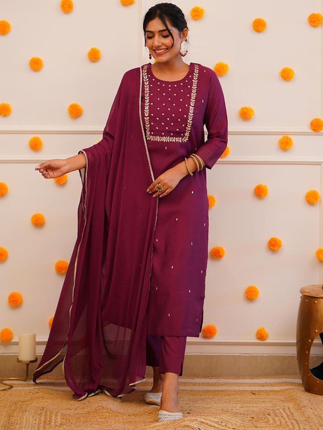 

KALINI Embellished Round Neck Thread Work Kurta With Trousers & Dupatta, Maroon