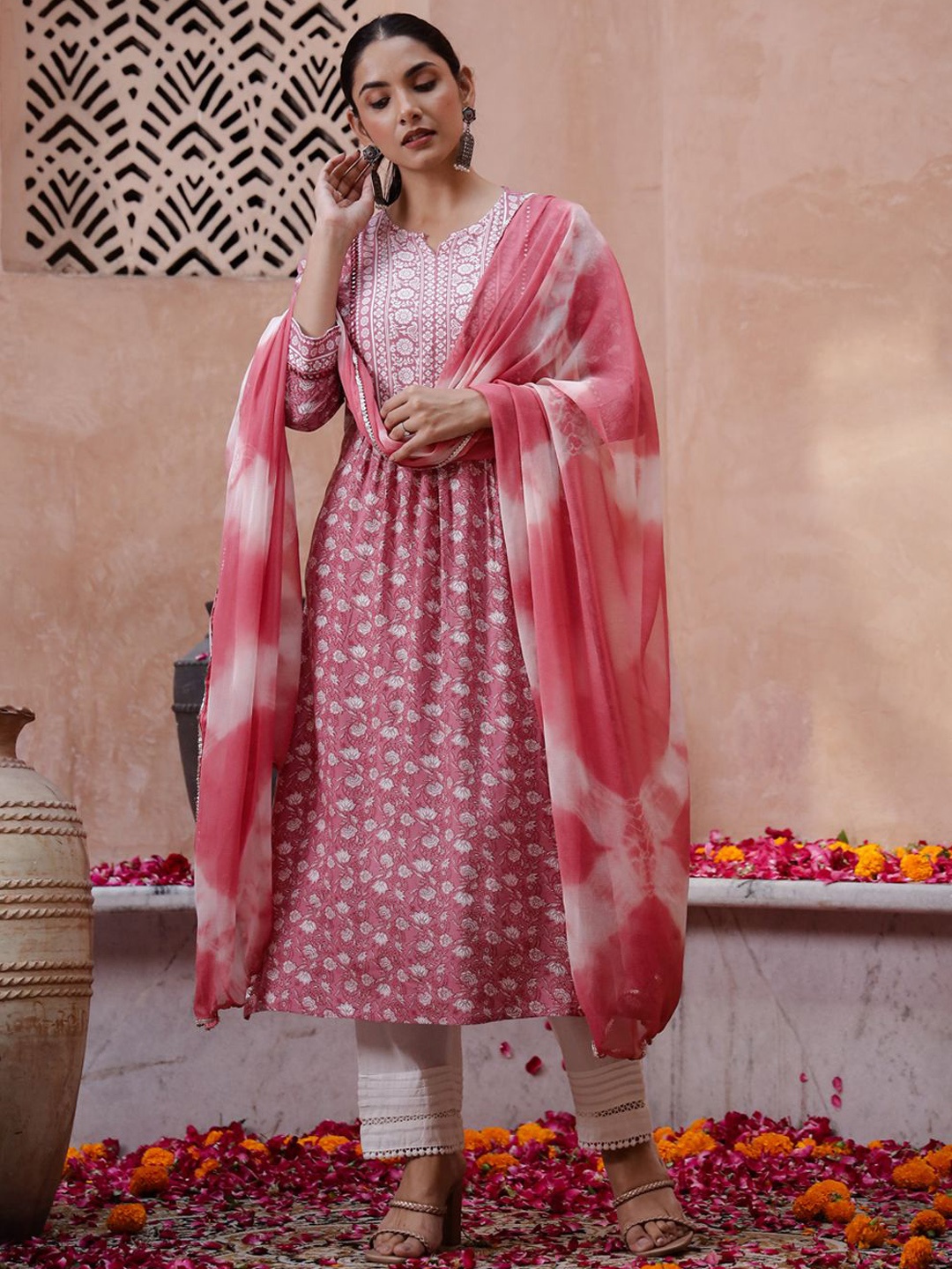 

Sangria Pink Floral Printed Mirror Work A-Line Kurta With Trousers And Dupatta