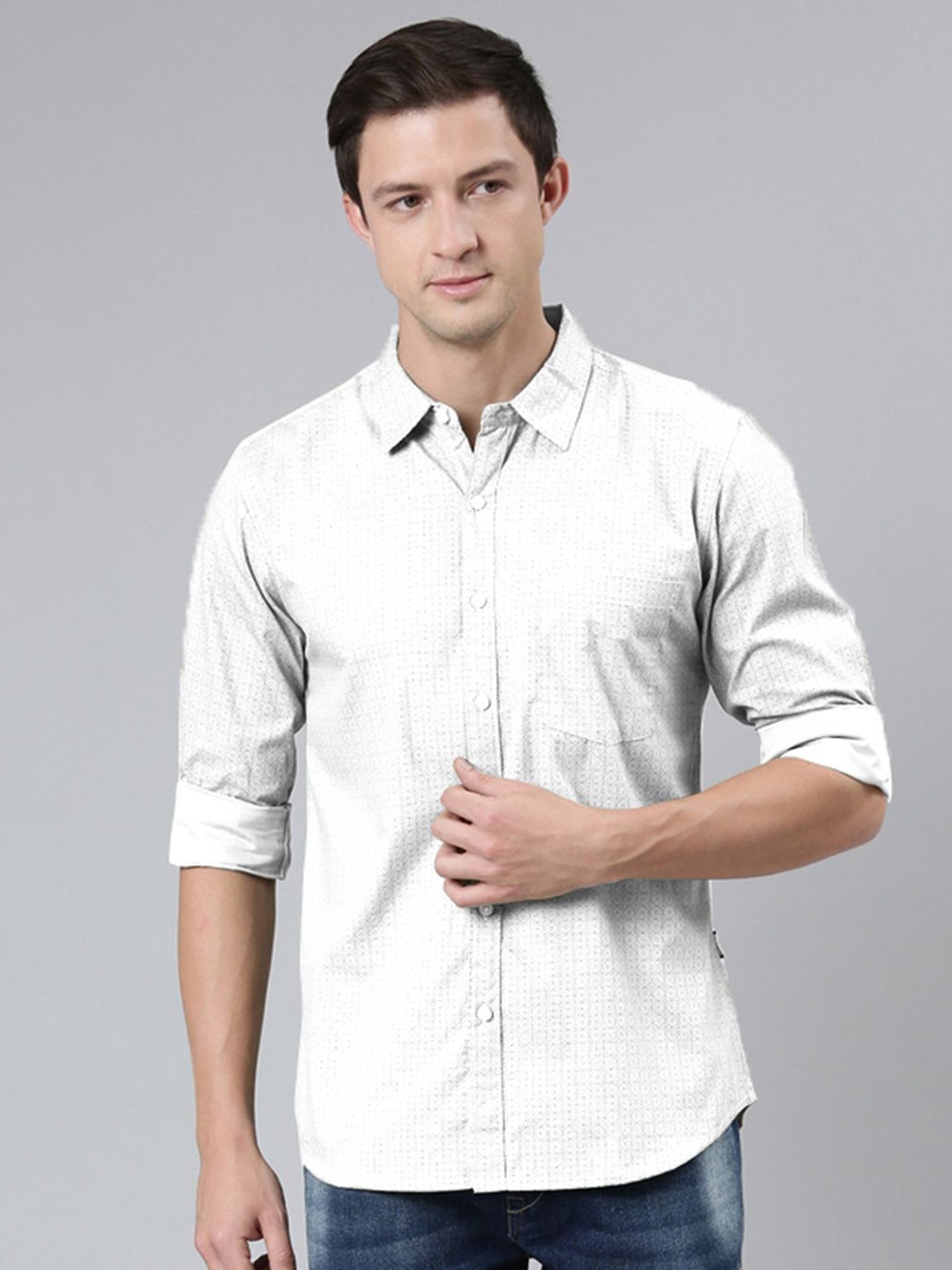 

Provogue Men Spread Collar Geometric Printed Cotton Casual Shirt, Grey