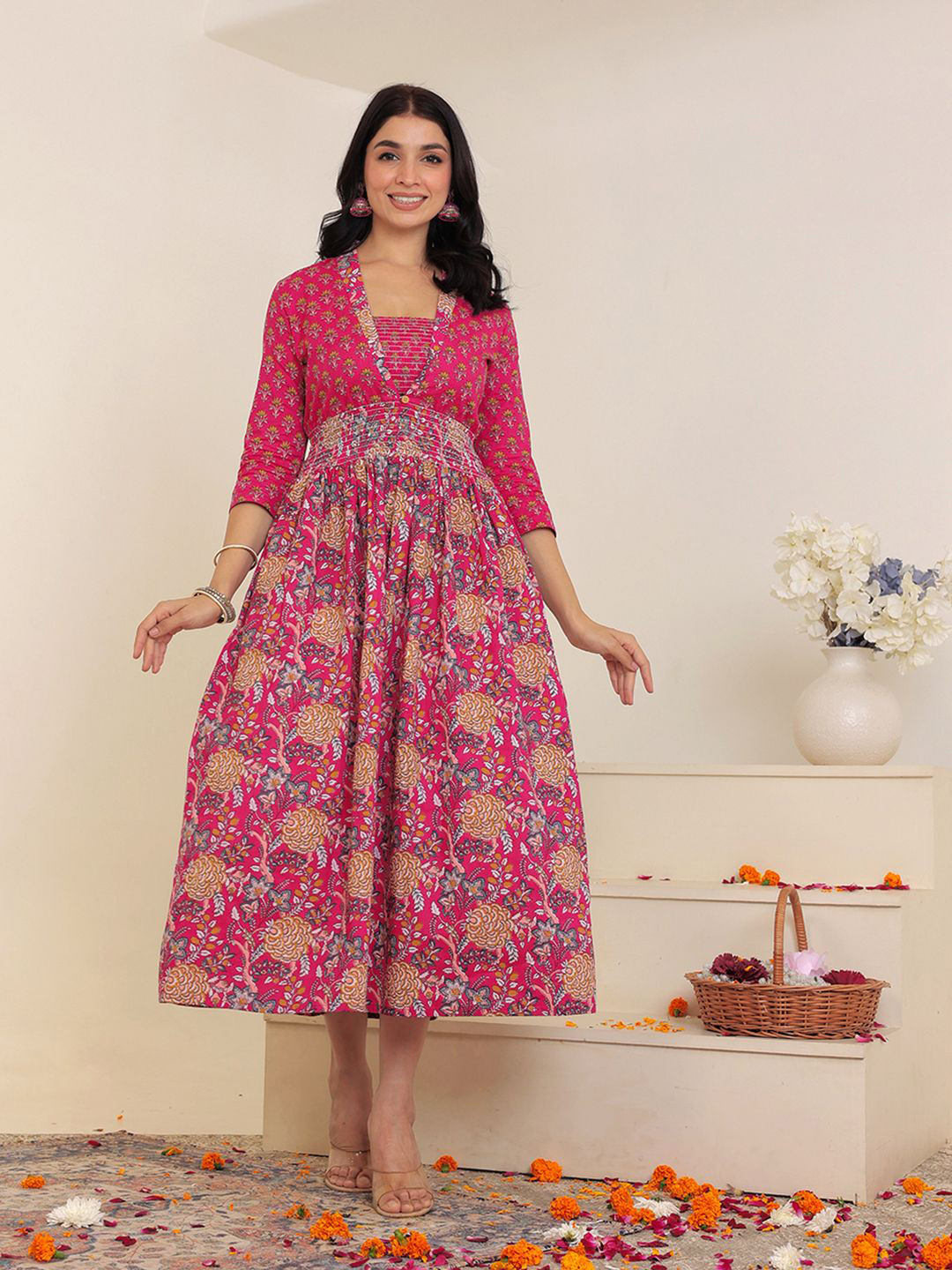 

GULAB CHAND TRENDS Women Floral Print Empire Midi Dress, Pink